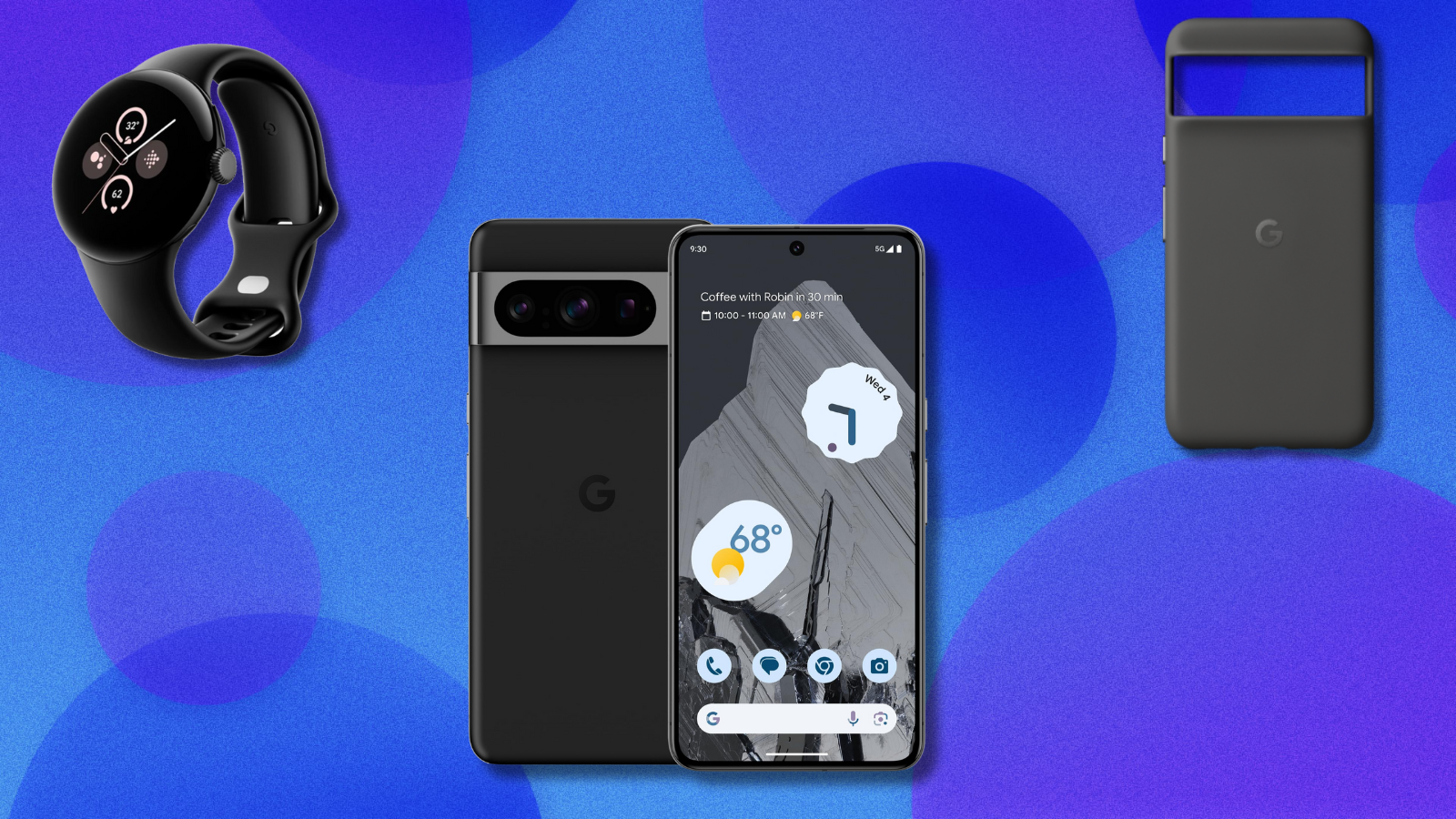 Google Pixel 8 Pro and freebies on blue and navy abstract background