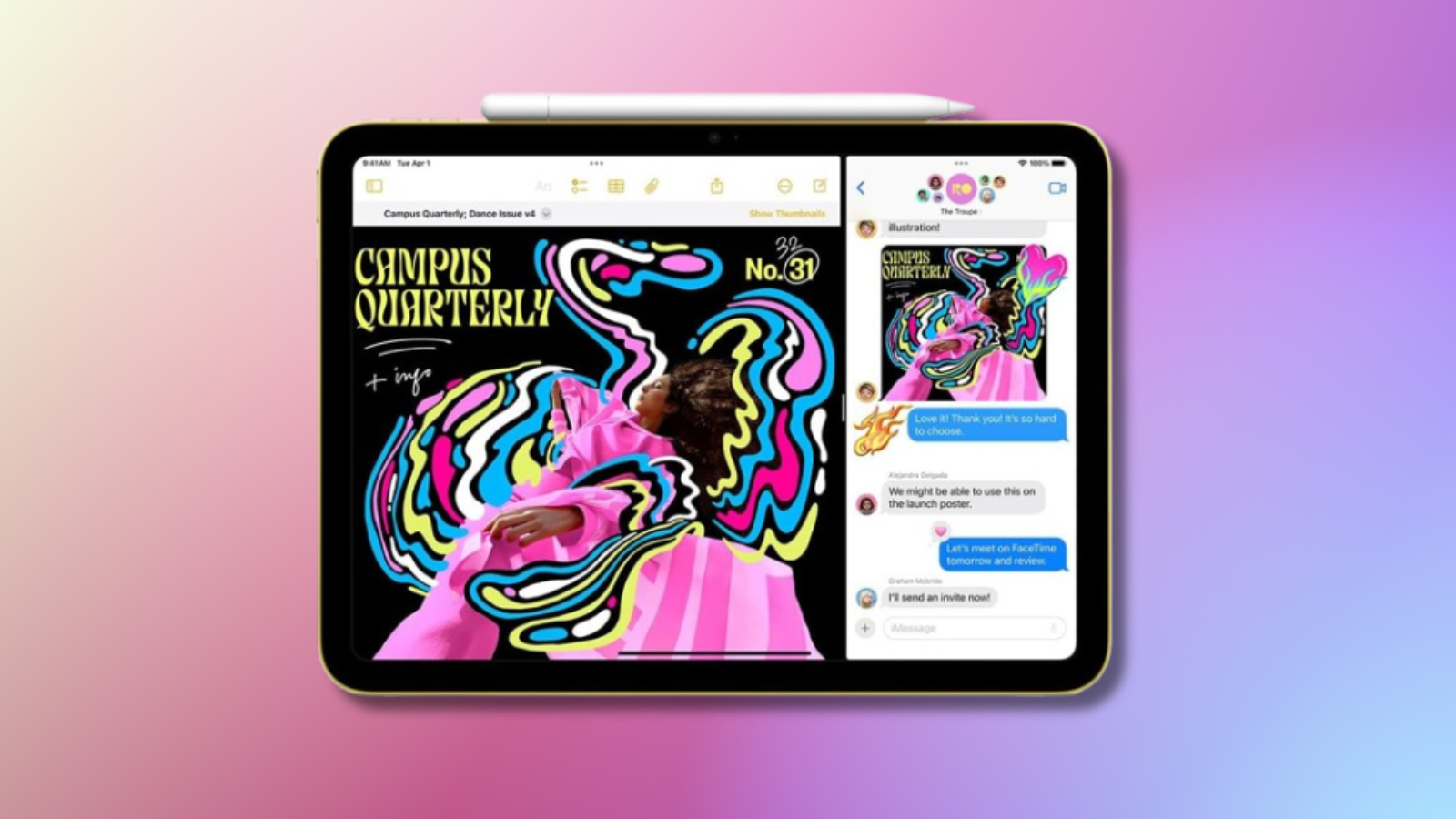 Apple iPad with Apple Pencil on pink and blue background