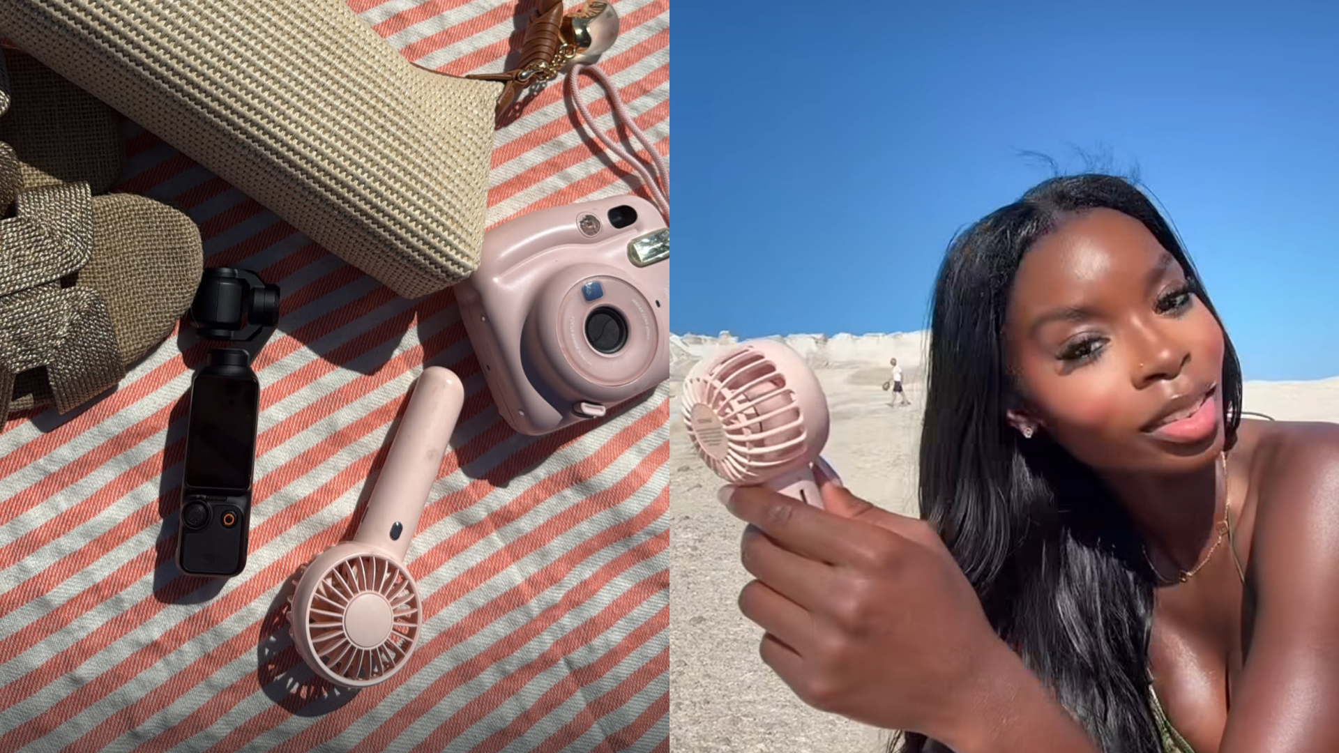 On the left, an overhead shot of a beach bag and its contents. On the right, Olandria Carthen holding a mini personal fan.