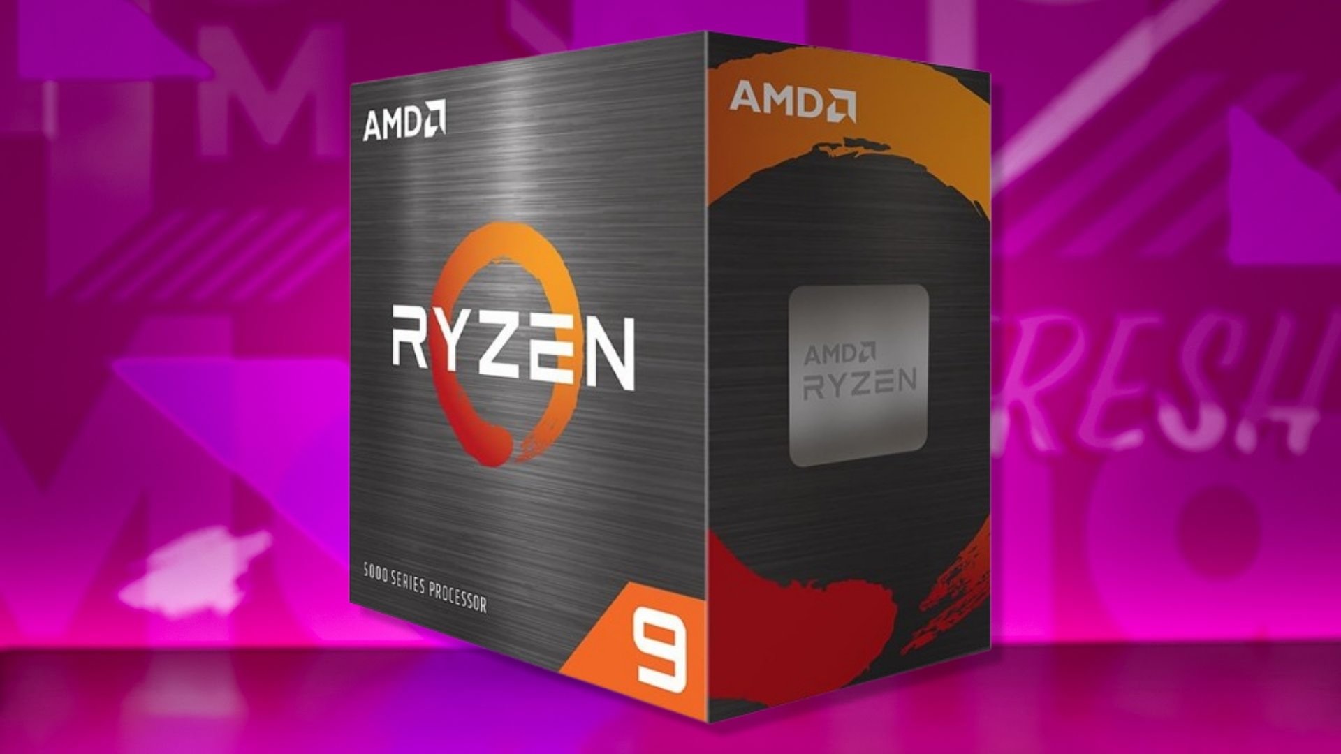 The AMD Ryzen 9 5950X 16-core CPU Processor on a purple background