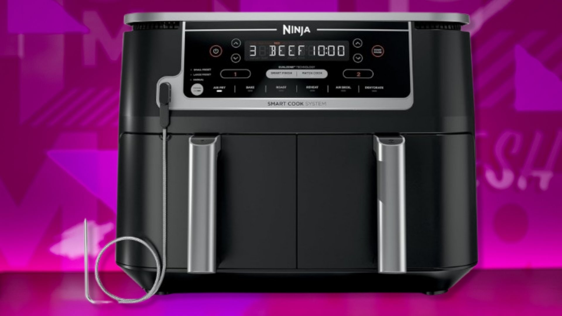 The Ninja Foodi 10QT 6-in-1 DualZone Smart XL Air Fryer on a purple background