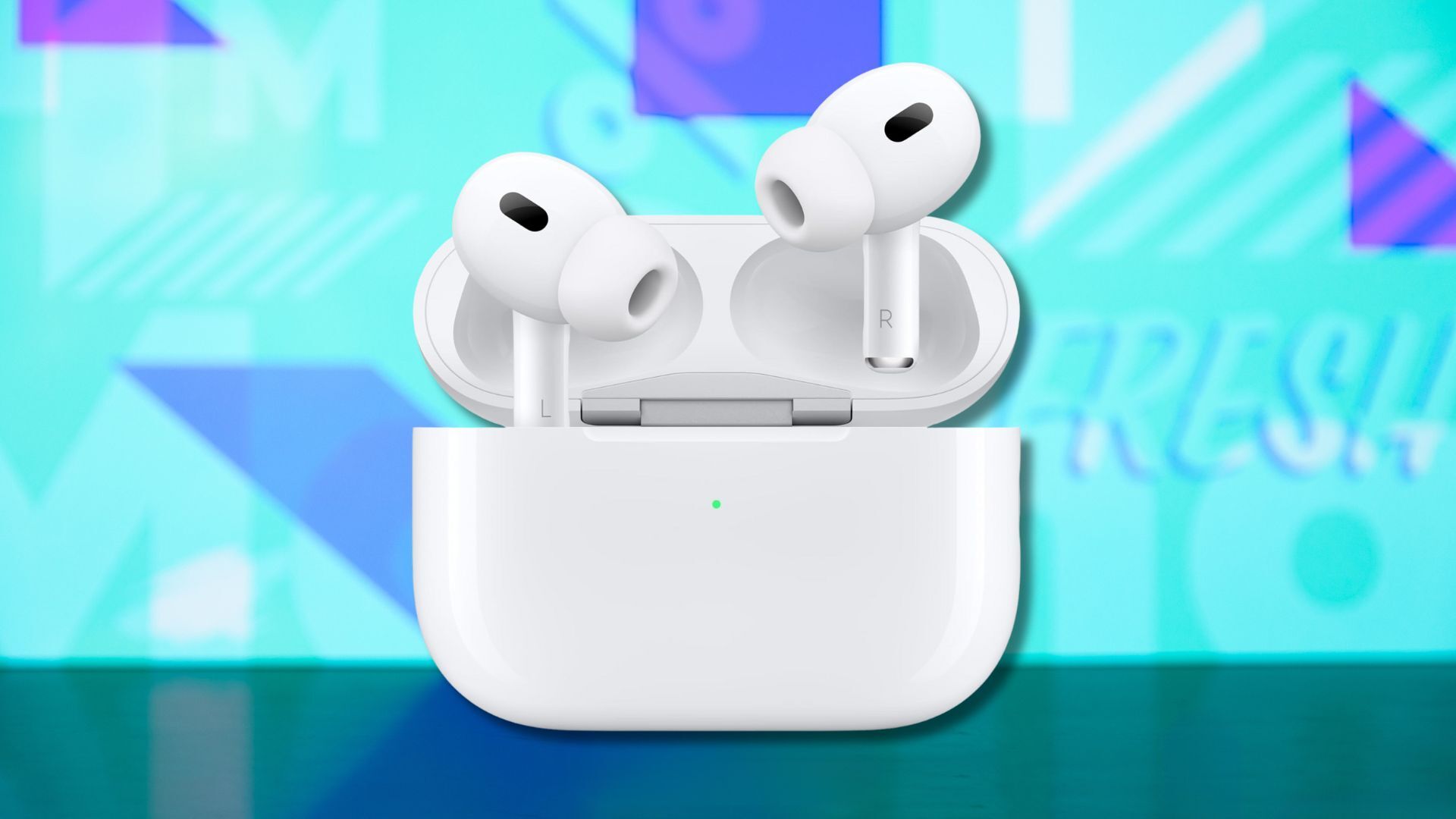 apple airpods pro 2 earbuds against a light blue patterned background