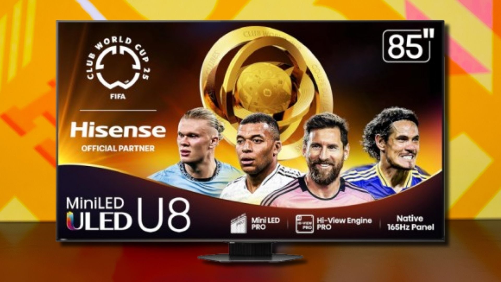 Hisense 85-Inch Class U8 Mini-LED 4K UHD Google Smart TV on an orange background