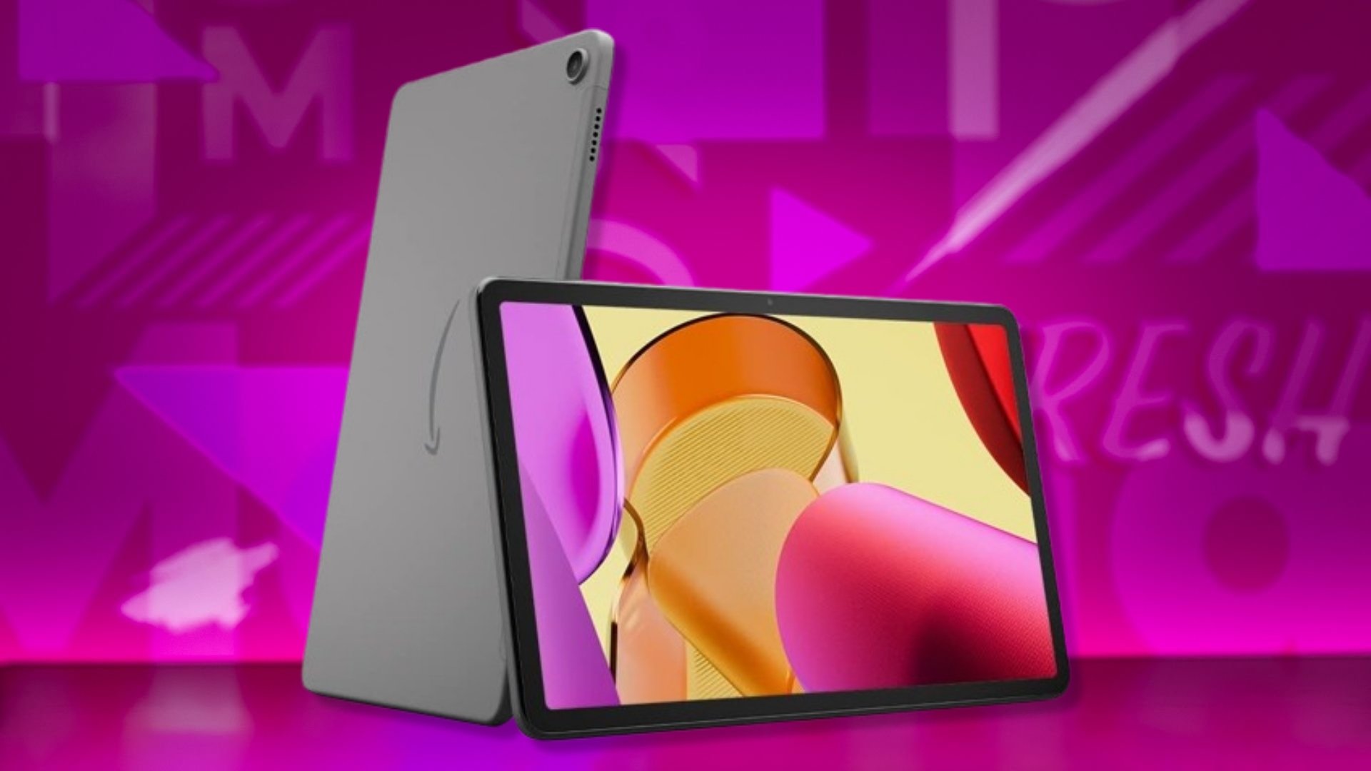 The Amazon Fire Max 11 tablet on a purple background