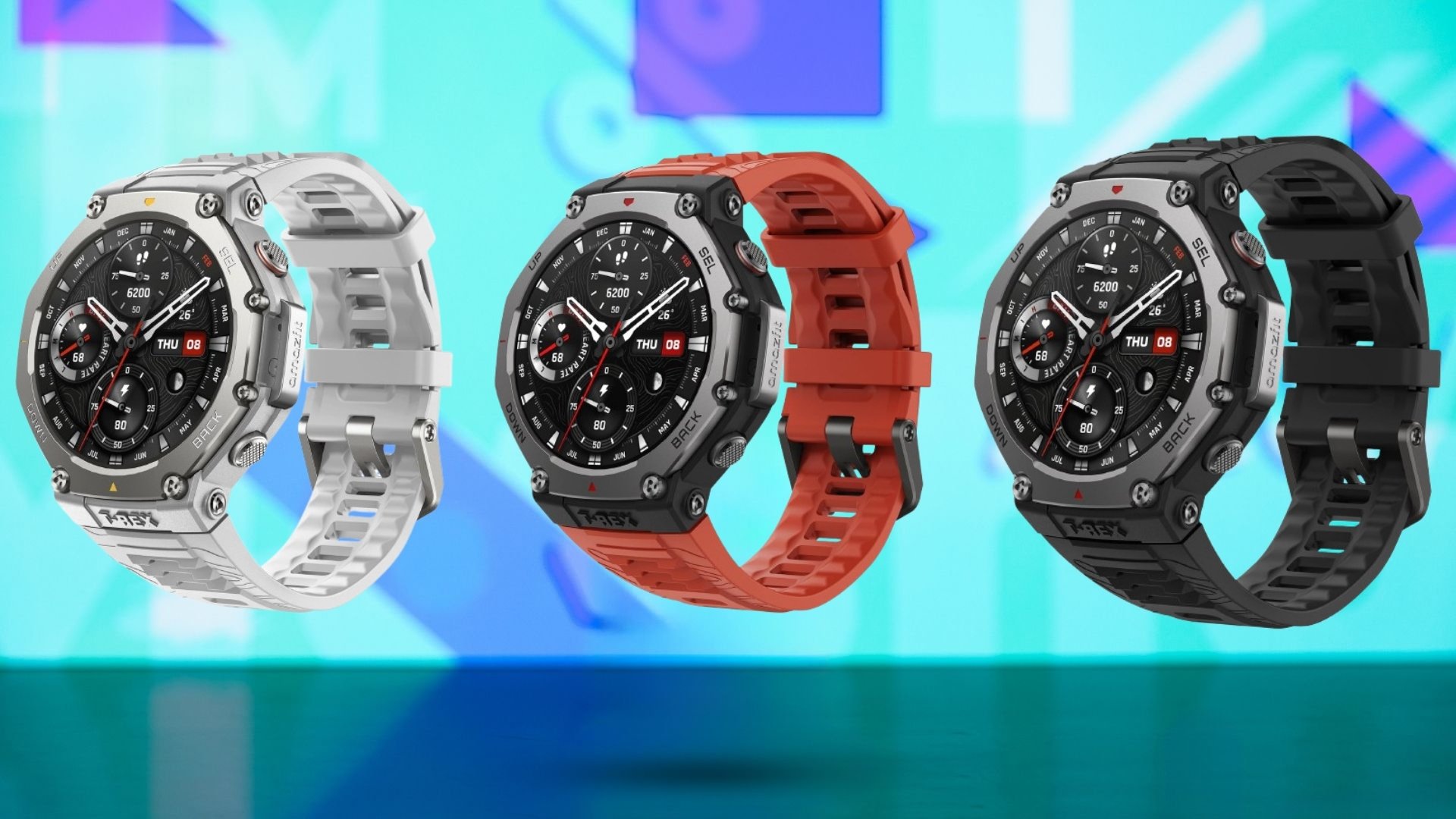 The Amazfit T-Rex 3 Outdoor Smartwatch in three colours on a blue background