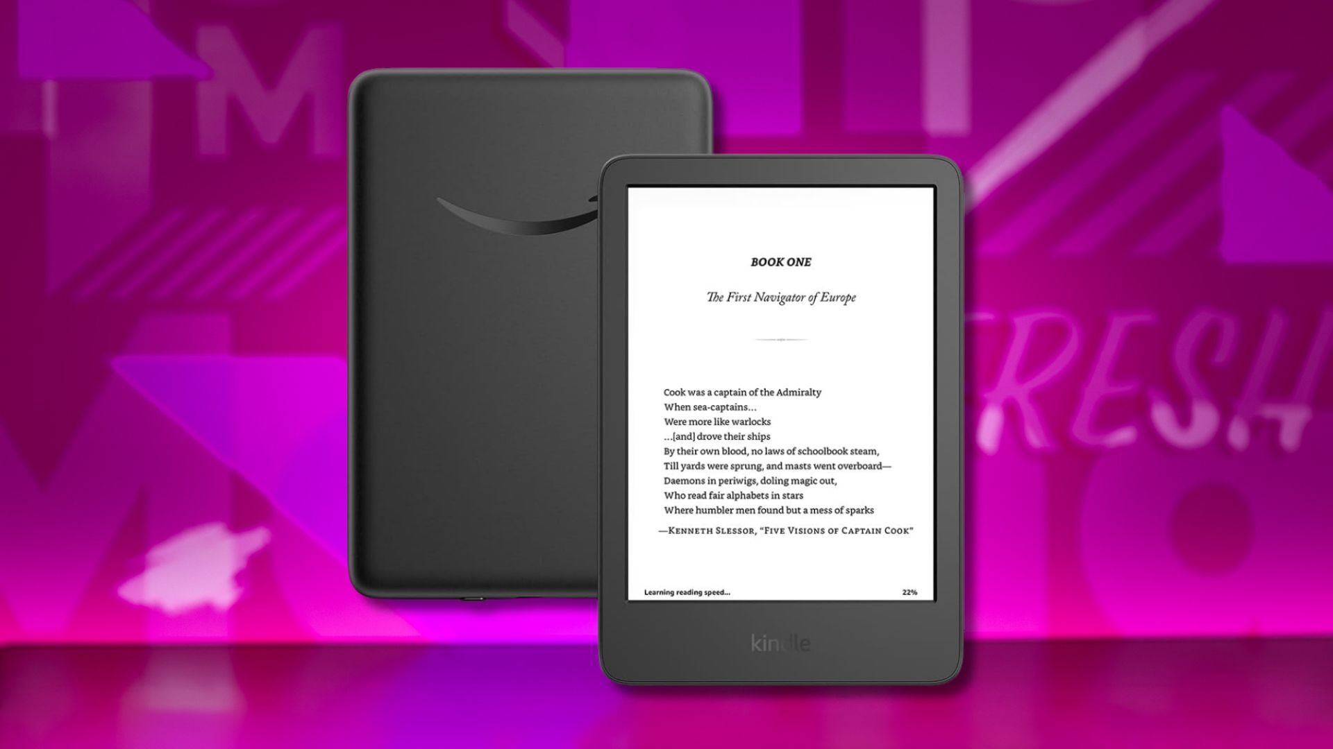 kindle e-reader against a pink patterned background