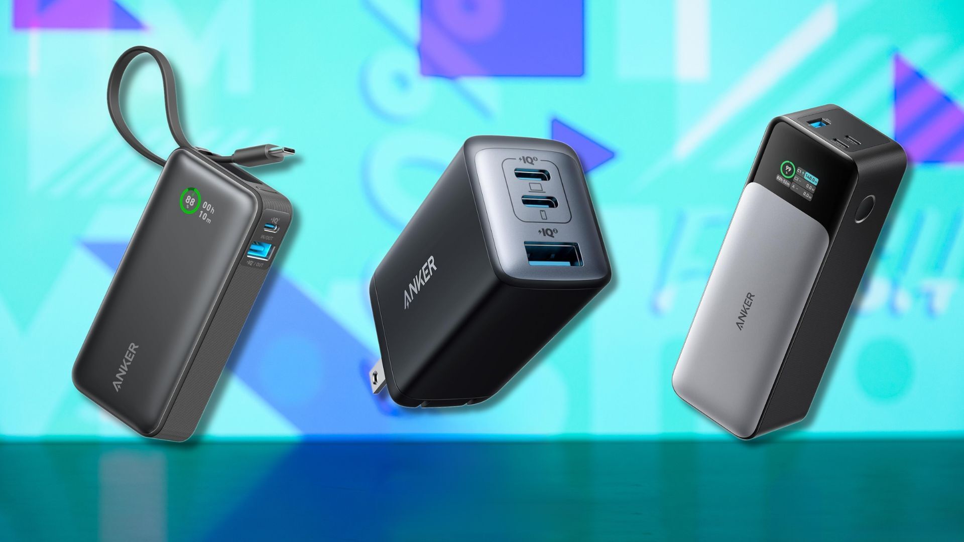 two anker portable power banks and a charger against a light blue patterned background