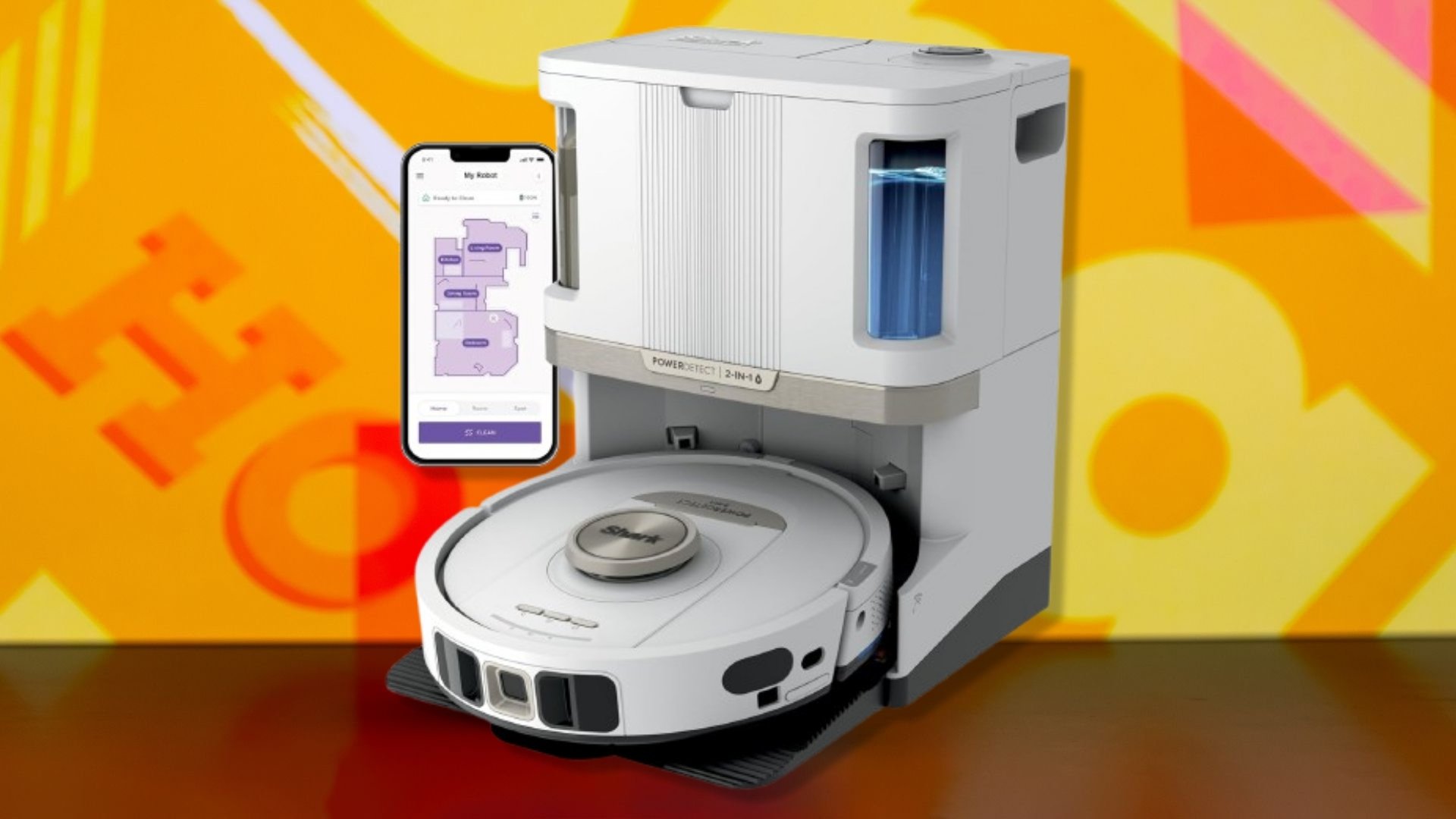 The Shark’s NeverTouch Pro Robot Vacuum on an orange background