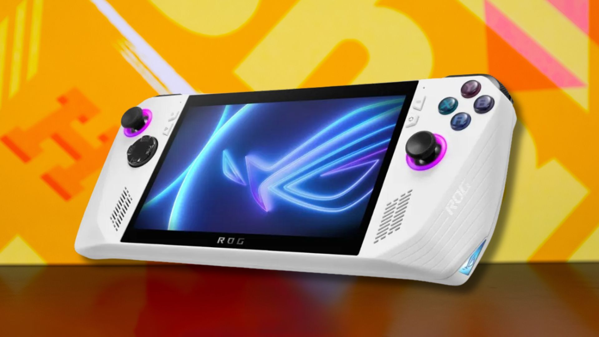 asus rog ally gaming handheld against a yellow patterned background