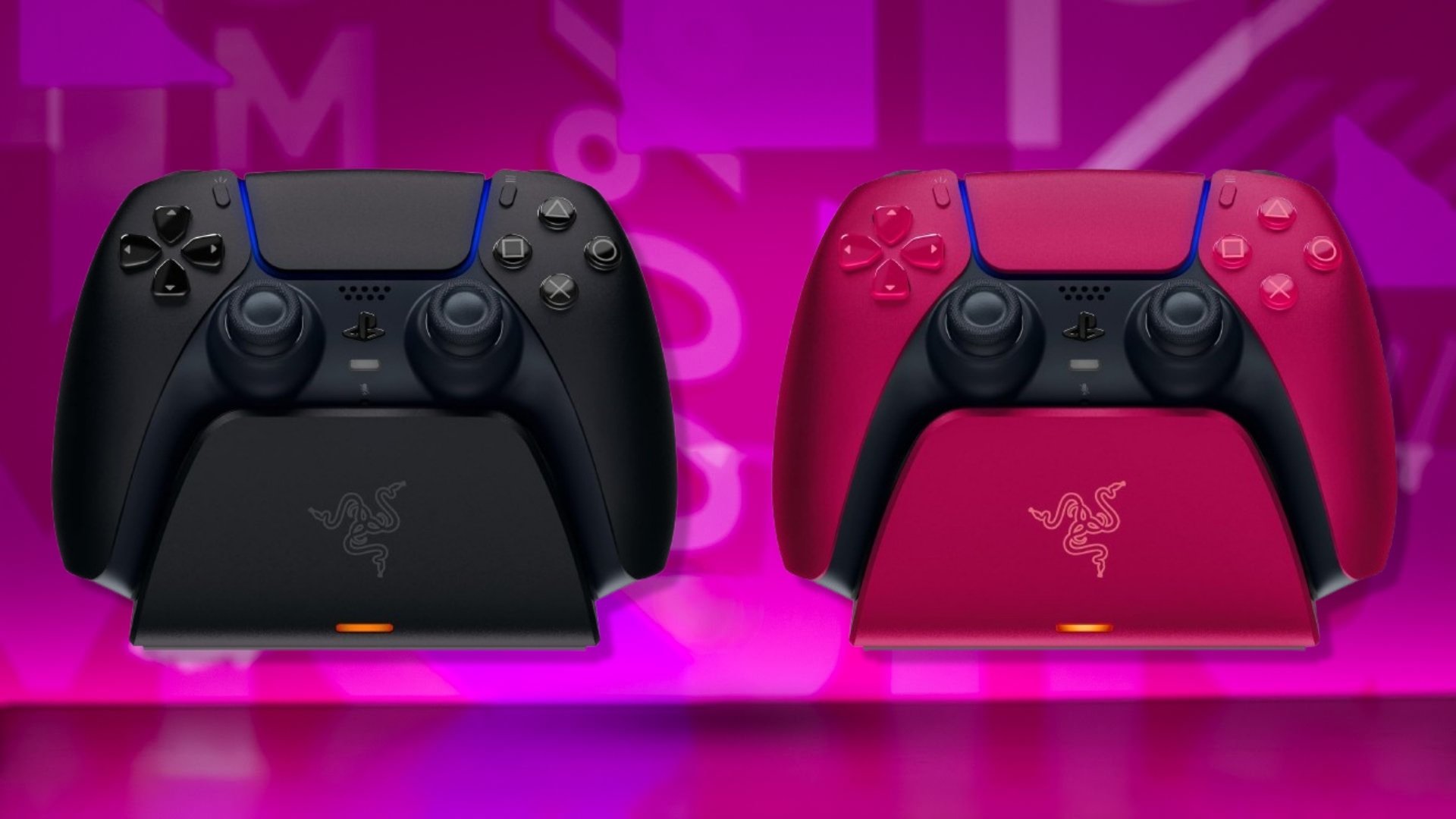 The Razer Quick Charging Stand for PlayStation 5 in black and red on a purple background
