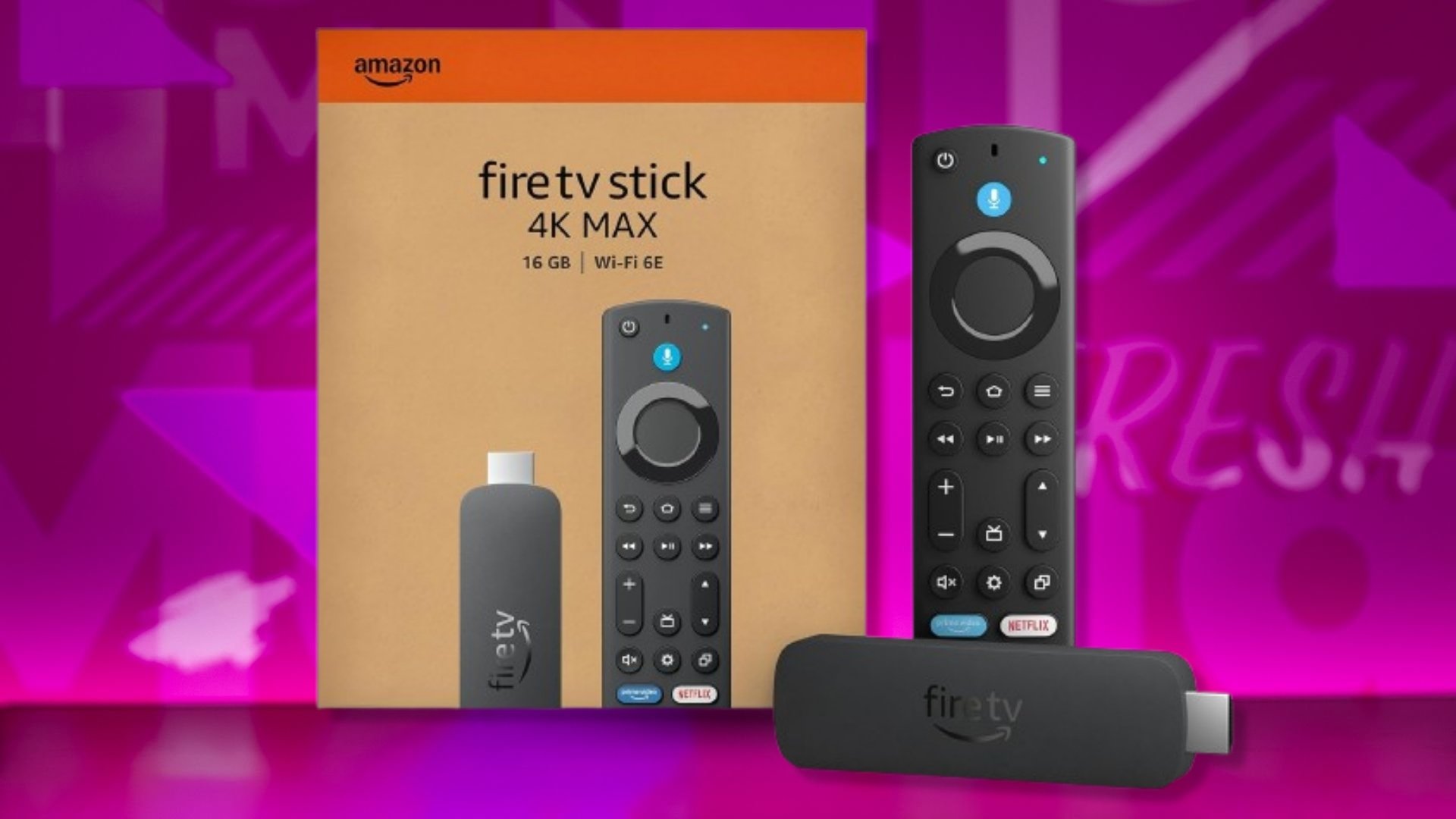 The Amazon Fire TV Stick 4K Max on a purple background