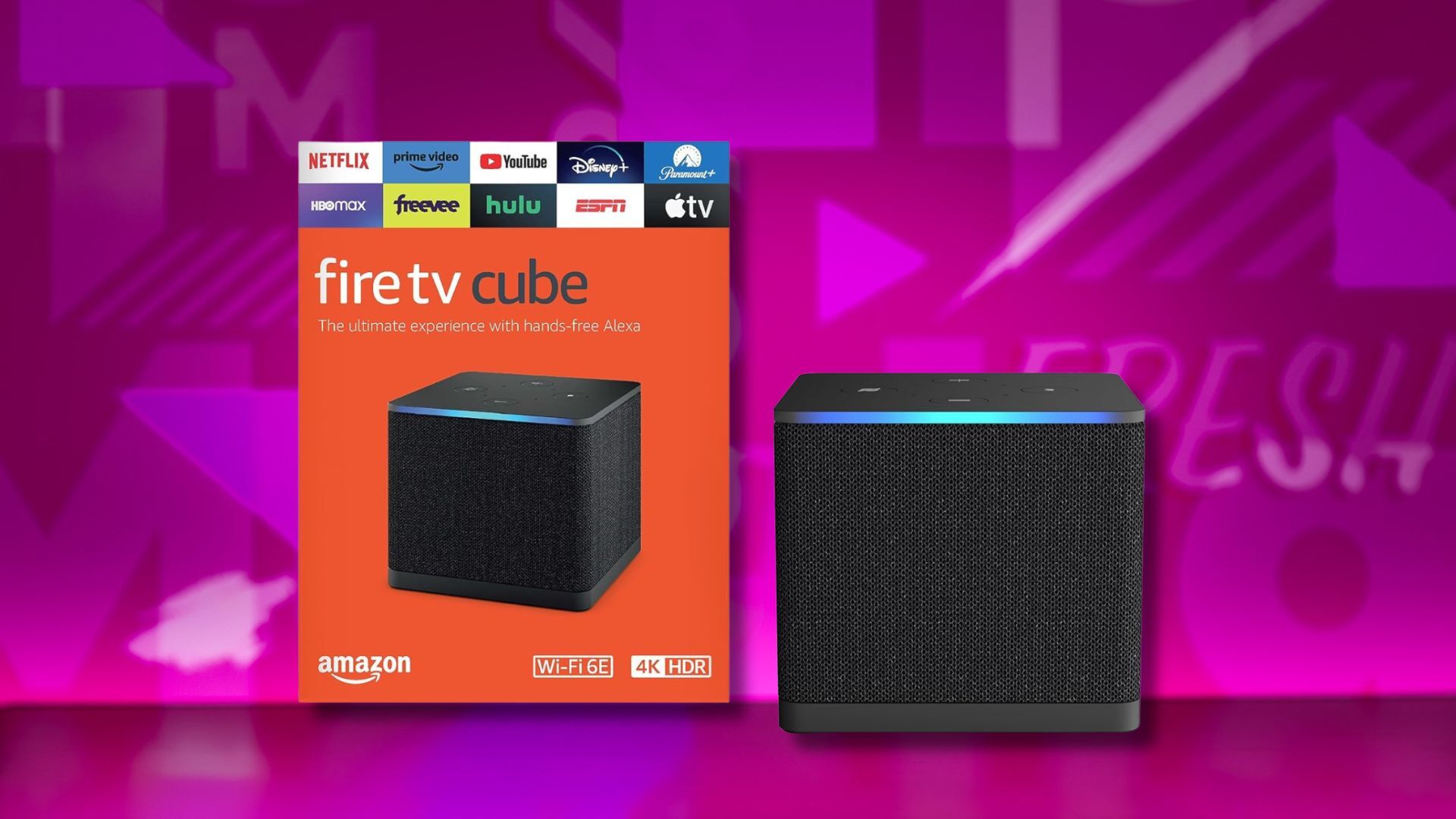 fire tv cube and box against a pink patterned background