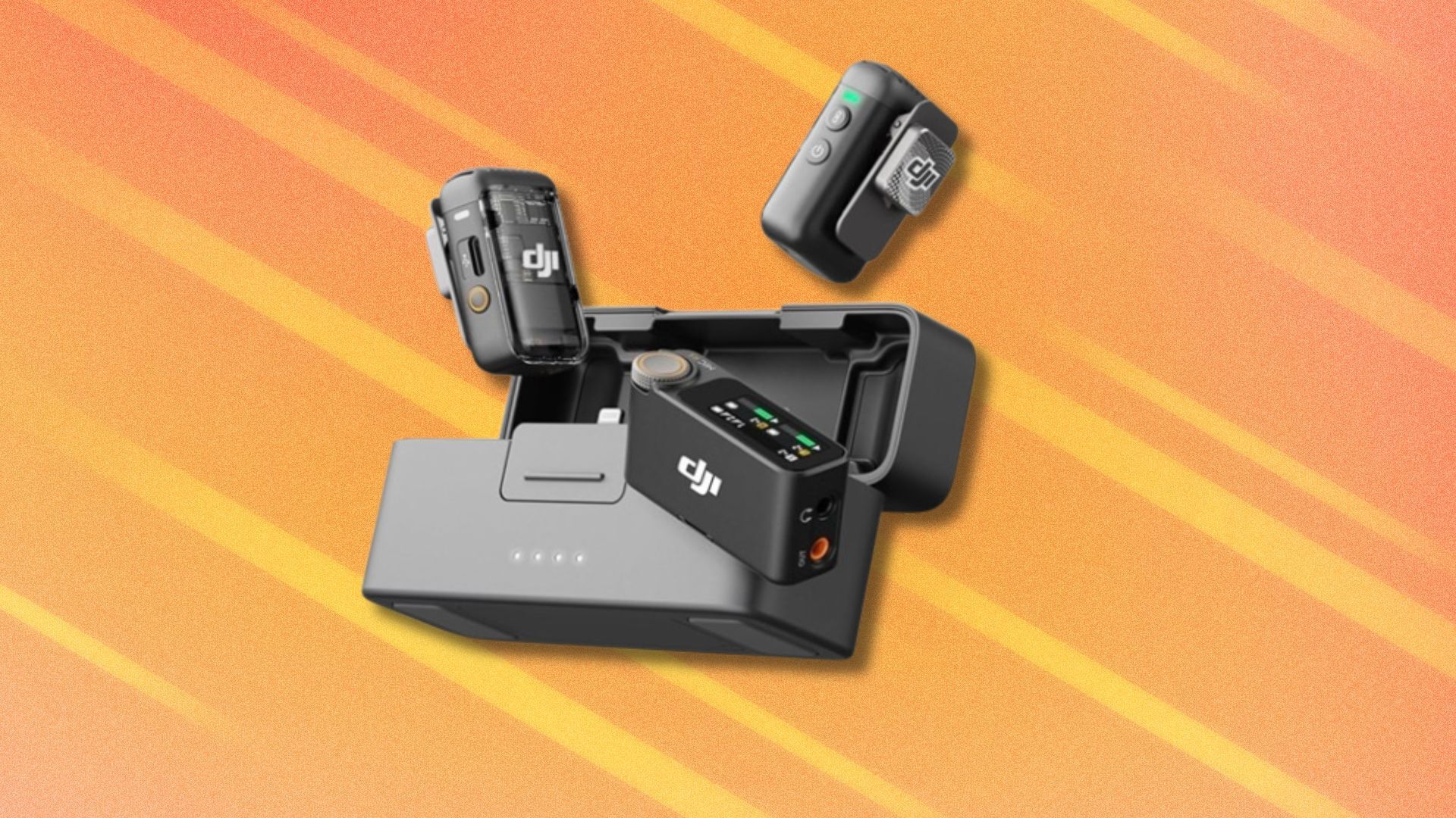 the DJI Mic 2 bundle with case on an orange background