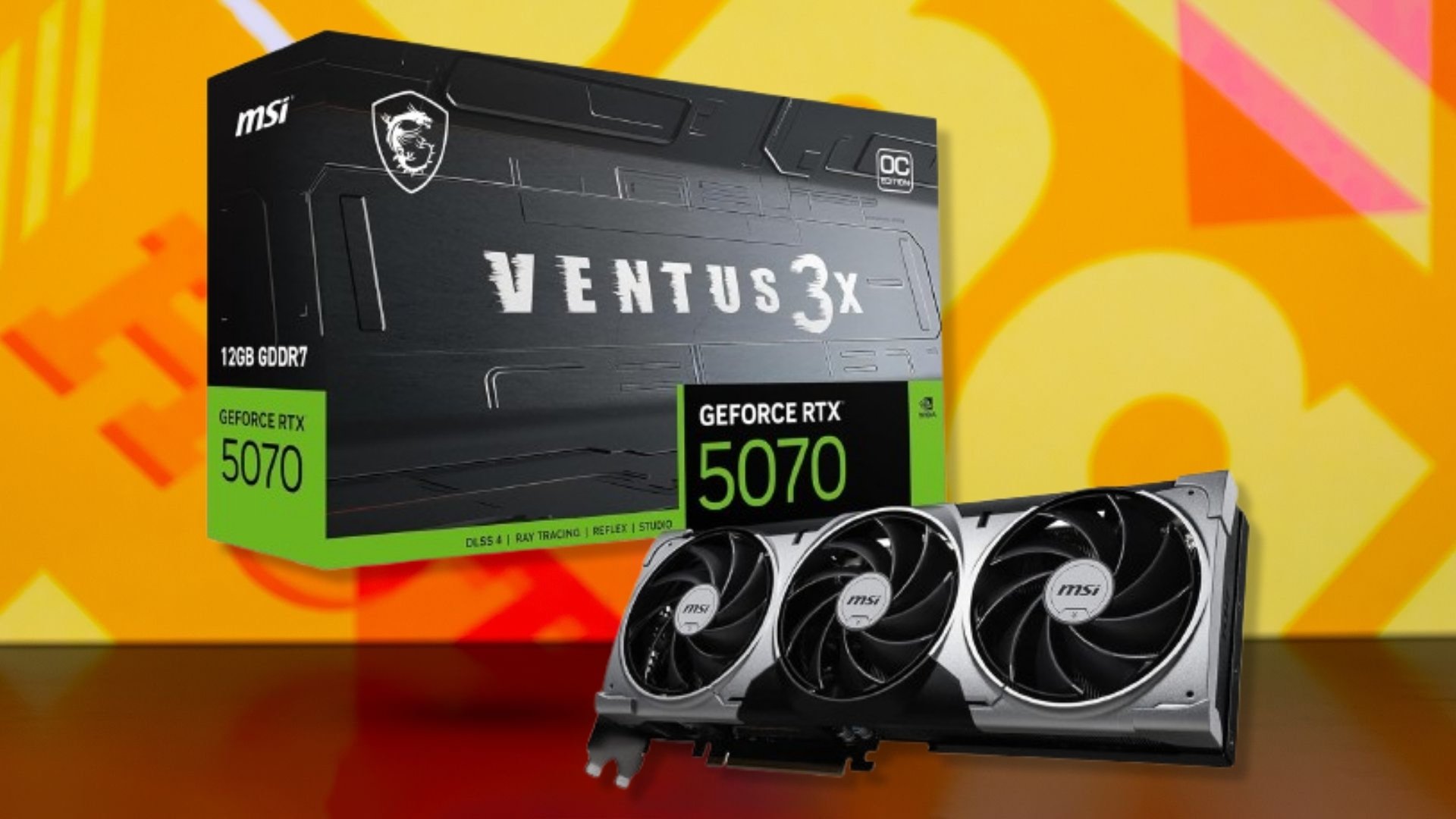 MSI Gaming RTX 5070 12G Ventus 3X GPU on an orange background