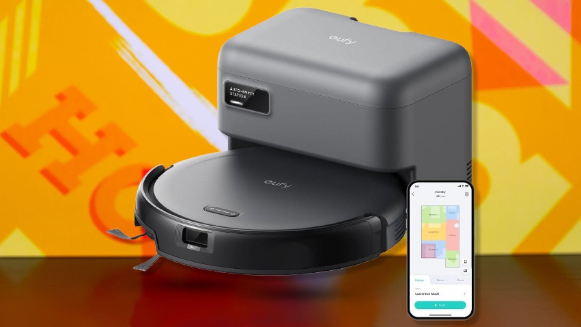 The eufy Robot Vacuum C10 on an orange background