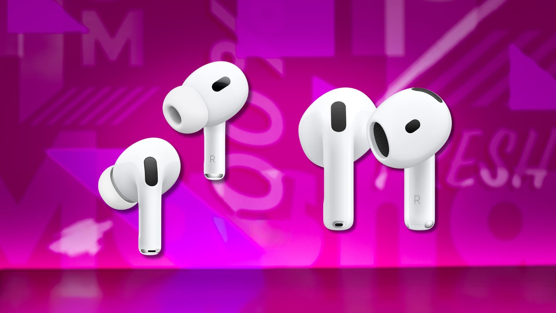 airpods pro 2 earbuds and airpods 4 earbuds against a pink patterned background