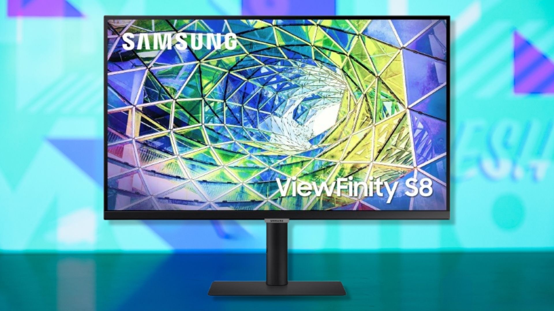The Samsung 27-inch ViewFinity S80UA 4K monitor on a blue background