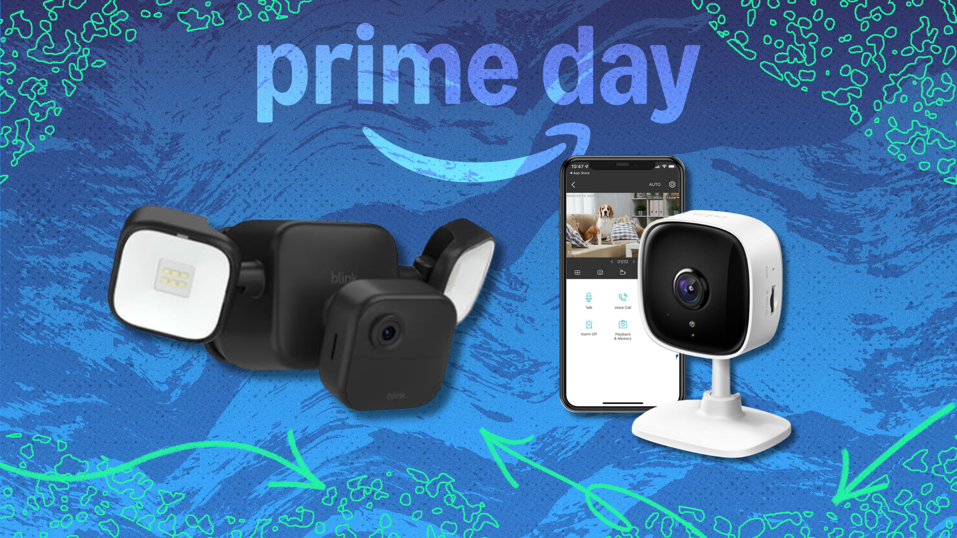 A colorful background with two security cameras on it