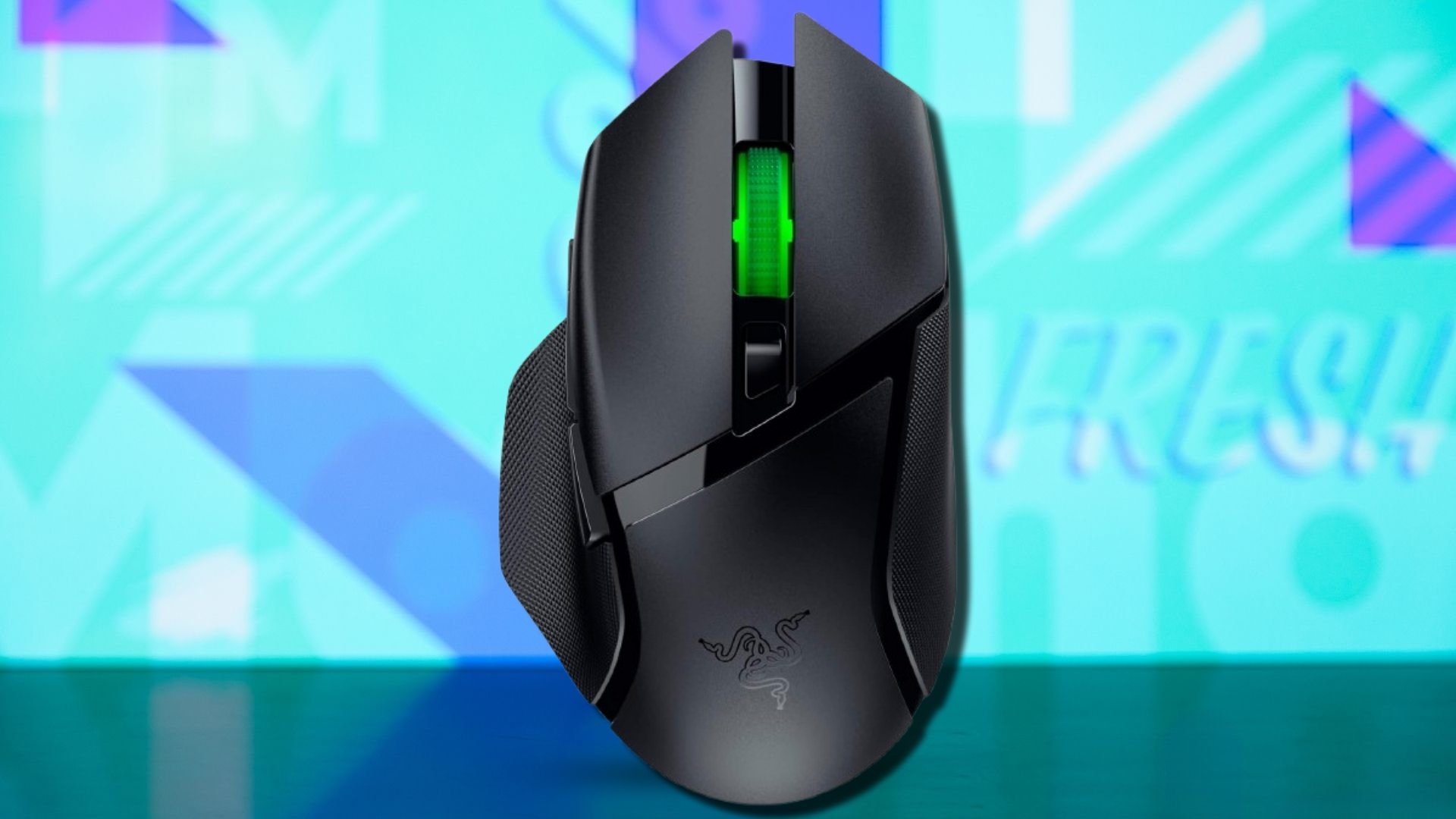 The Razer Basilisk V3 X HyperSpeed Customizable Wireless Gaming Mouse on a blue background
