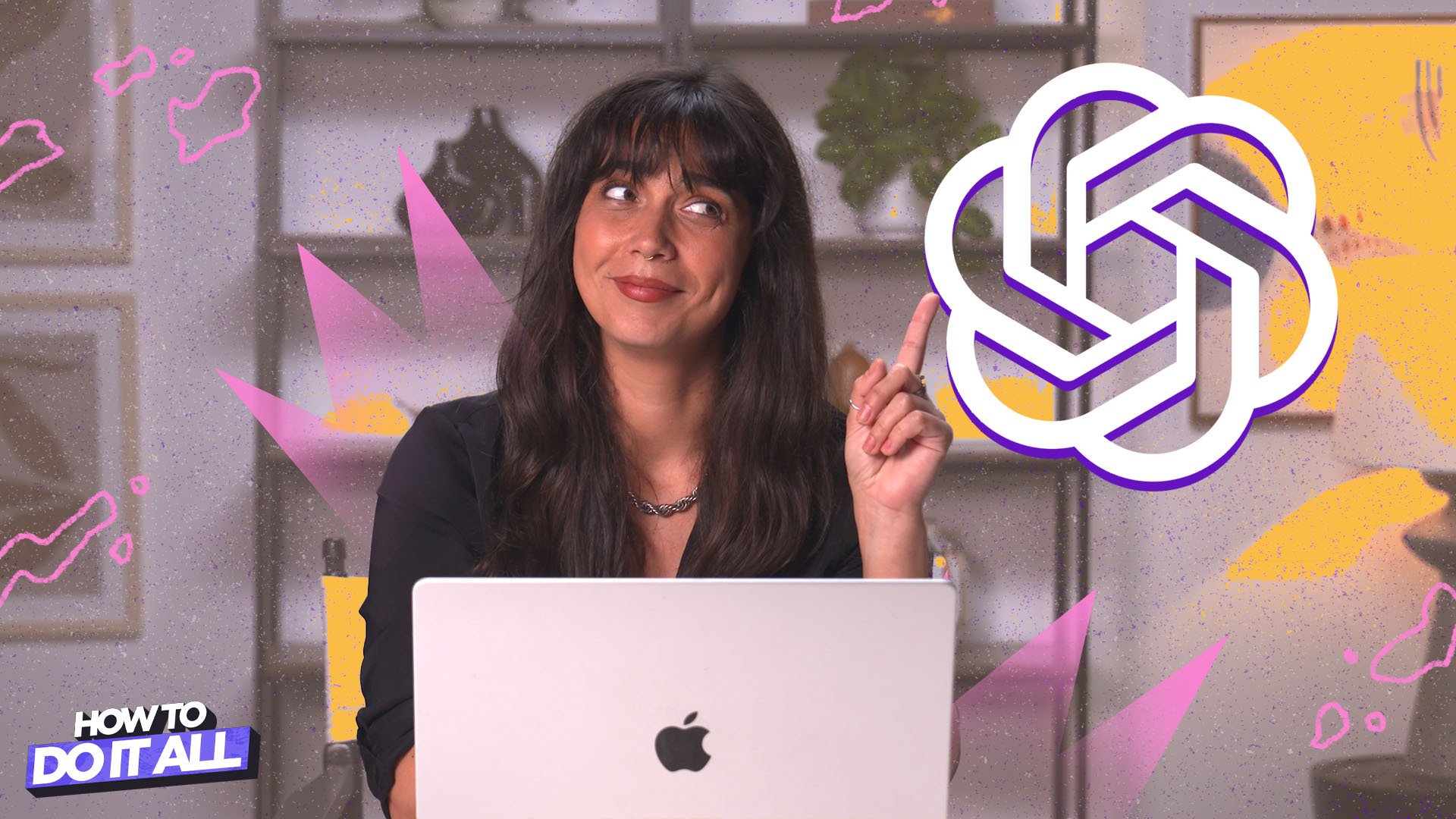 A collage shows Christianna Silva sat in front of their laptop in Mashable's studio, pointing up to white a Chat GPT logo.