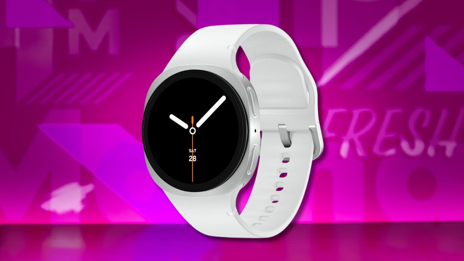 samsung galaxy watch 8 smartwatch against a pink patterned background