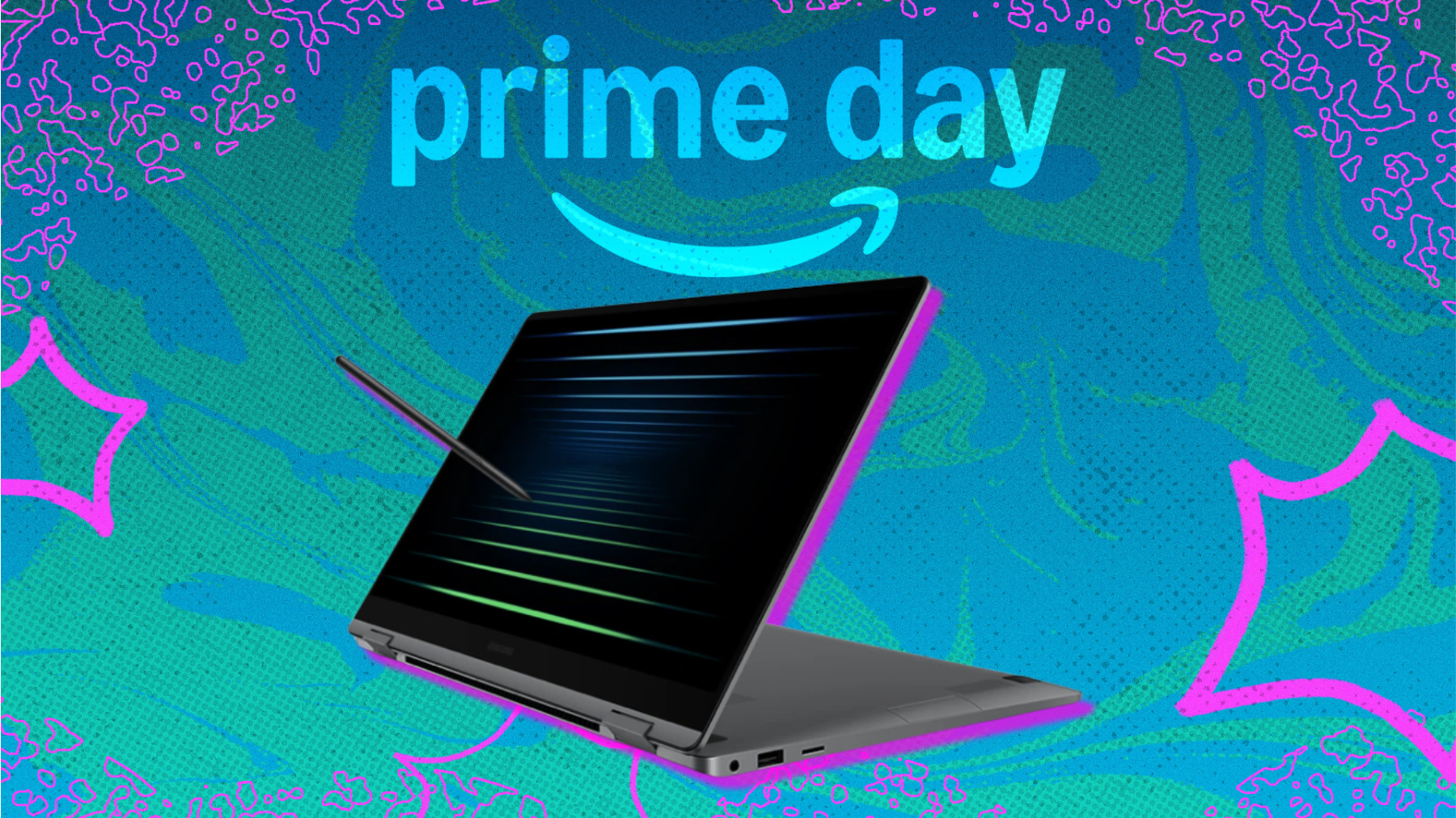 Samsung Galaxy Book5 laptop arranged on blue and green Prime Day themed backdrop