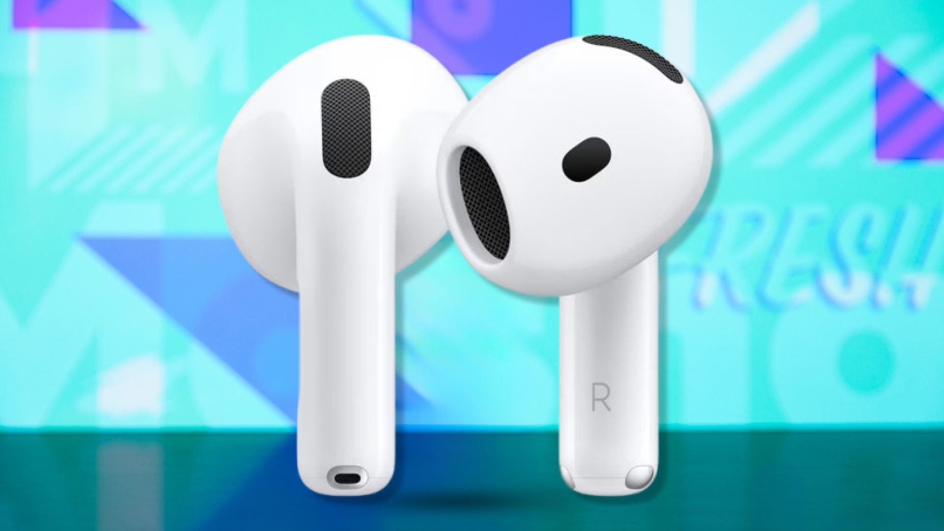 The Apple AirPods 4 on a blue background