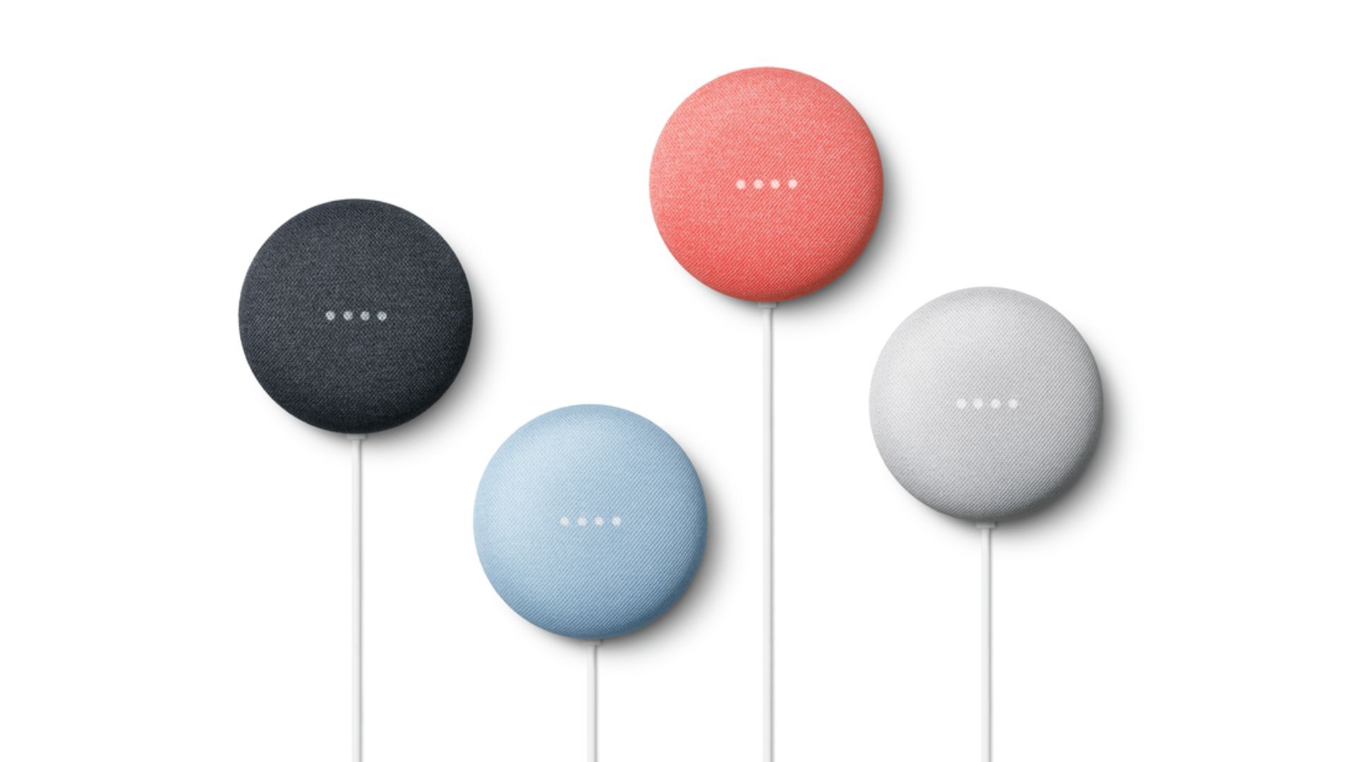 Four mini Google Nests pictured against a white background.