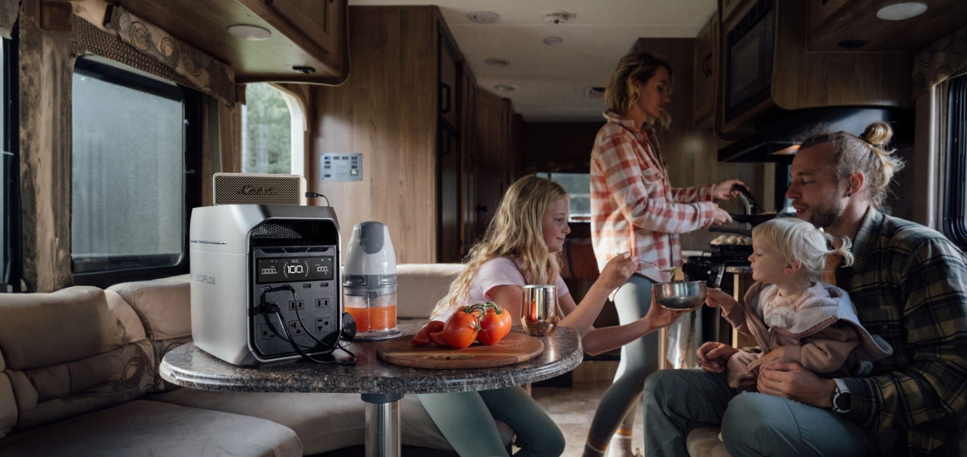 the EcoFlow Delta 3 portable power station inside of an RV with a family of four