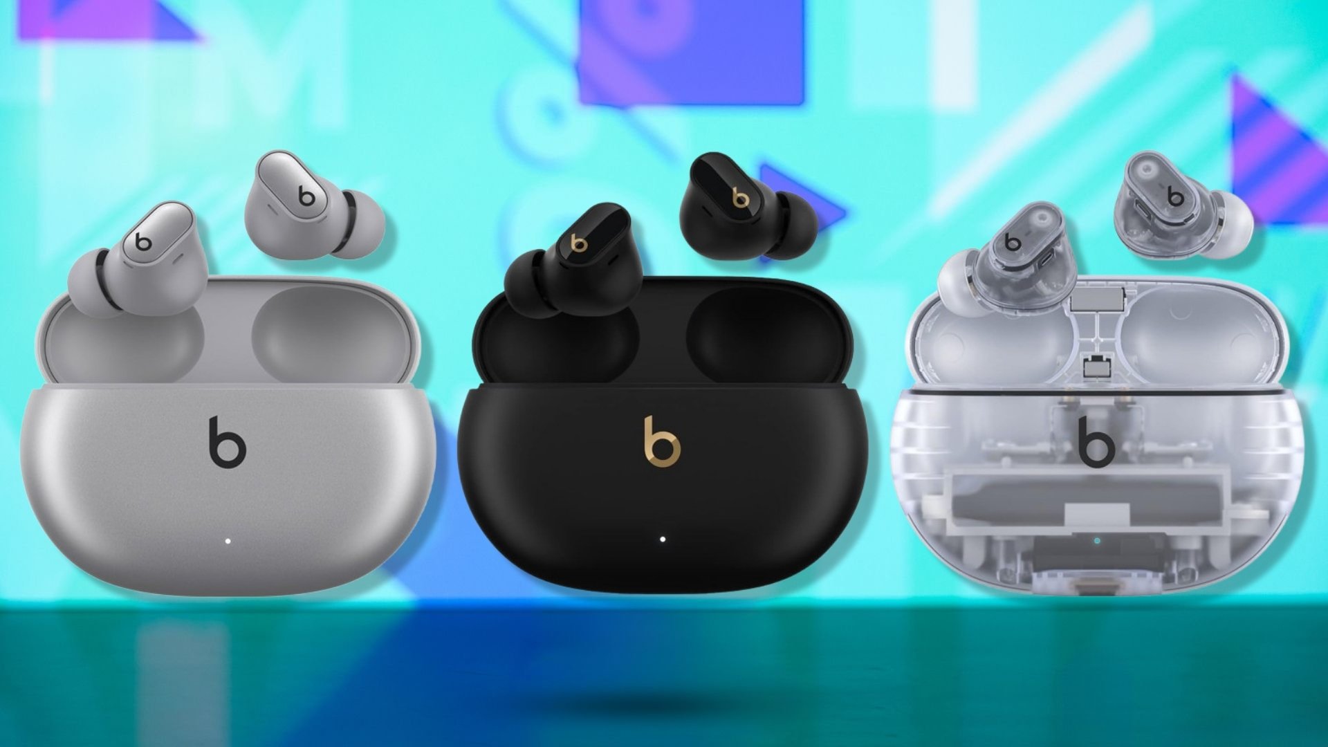 Beats Studio Buds + True Wireless Noise Cancelling Earbuds on a blue background