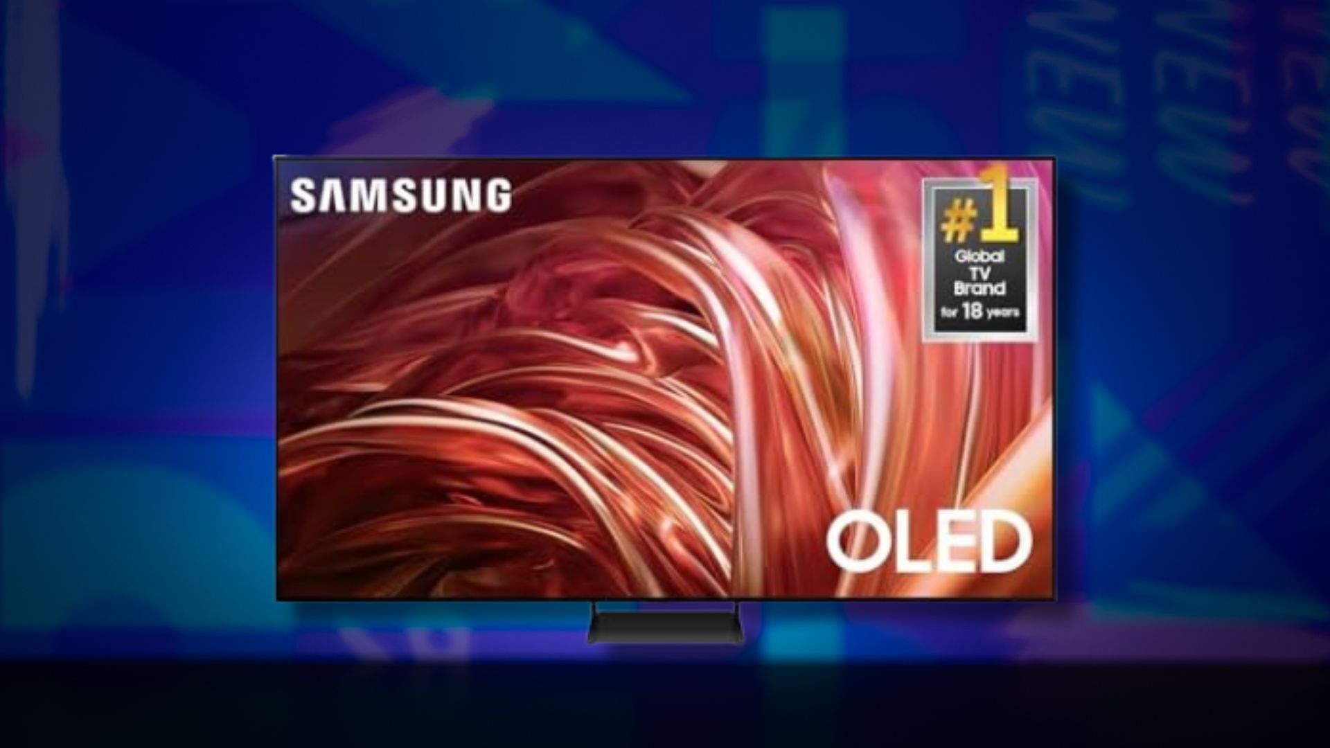 samsung oled s85d smart tv against a dark blue patterned background
