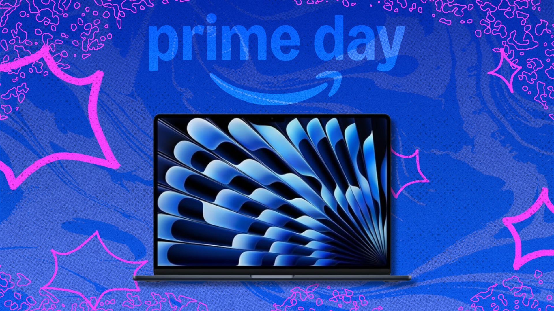 the macbook air on a blue and bright pink Prime Day background