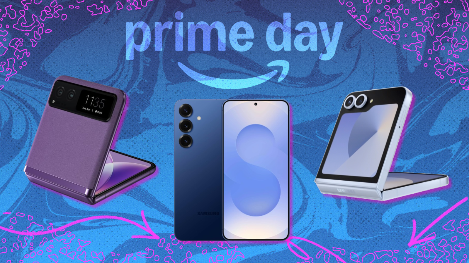 Samsung Galaxy Flip 6, Galaxy S25+, and Motorola razr, with blue and pink prime day composite background 