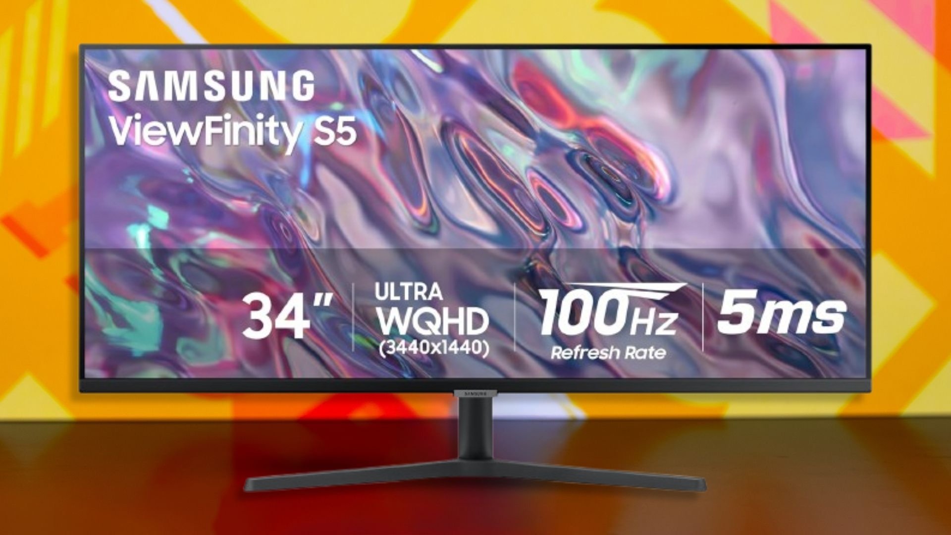 The Samsung 34-inch ViewFinity S50GC Ultra-WQHD Monitor on an orange background