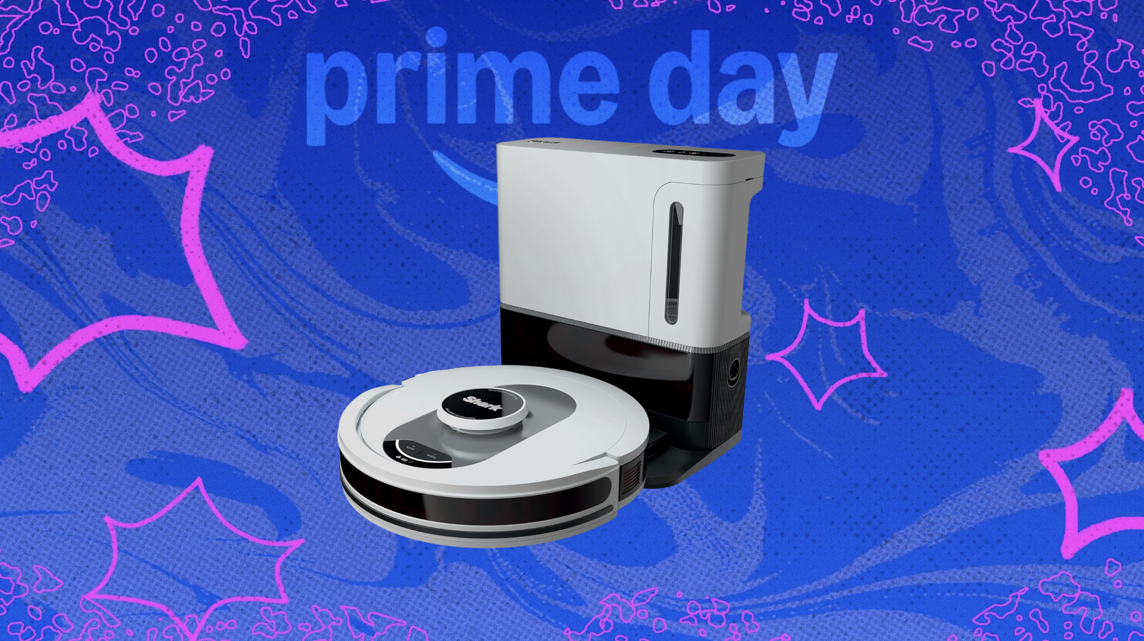 Shark AI Ultra robot vacuum on a blue Prime Day background