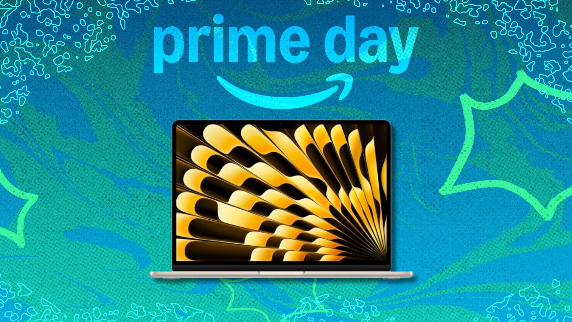 the Apple MacBook Air on a teal and green Prime Day background banner