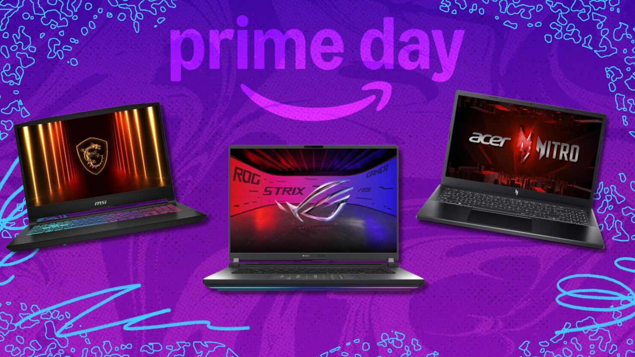Gaming laptops in front of a purple background