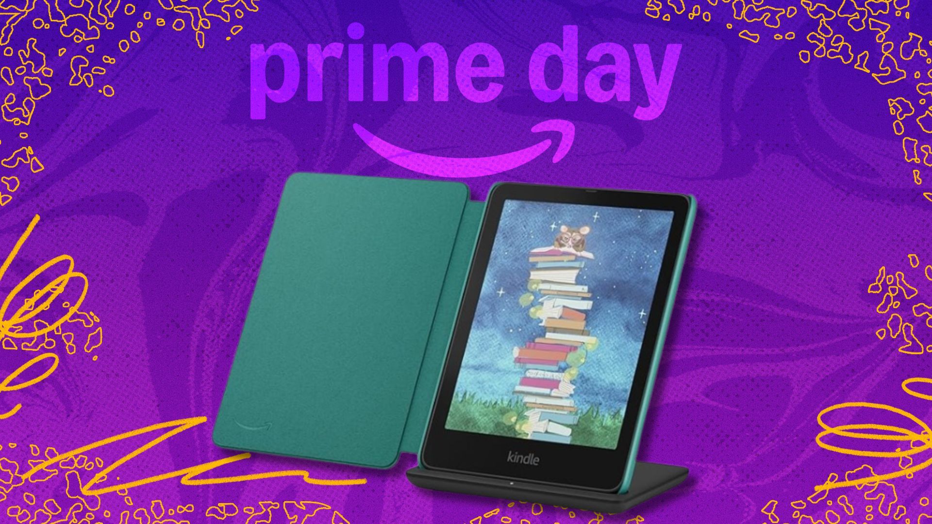 the Amazon kindle colorsoft signature edition with leather case and wireless charging dock on a purple prime day background