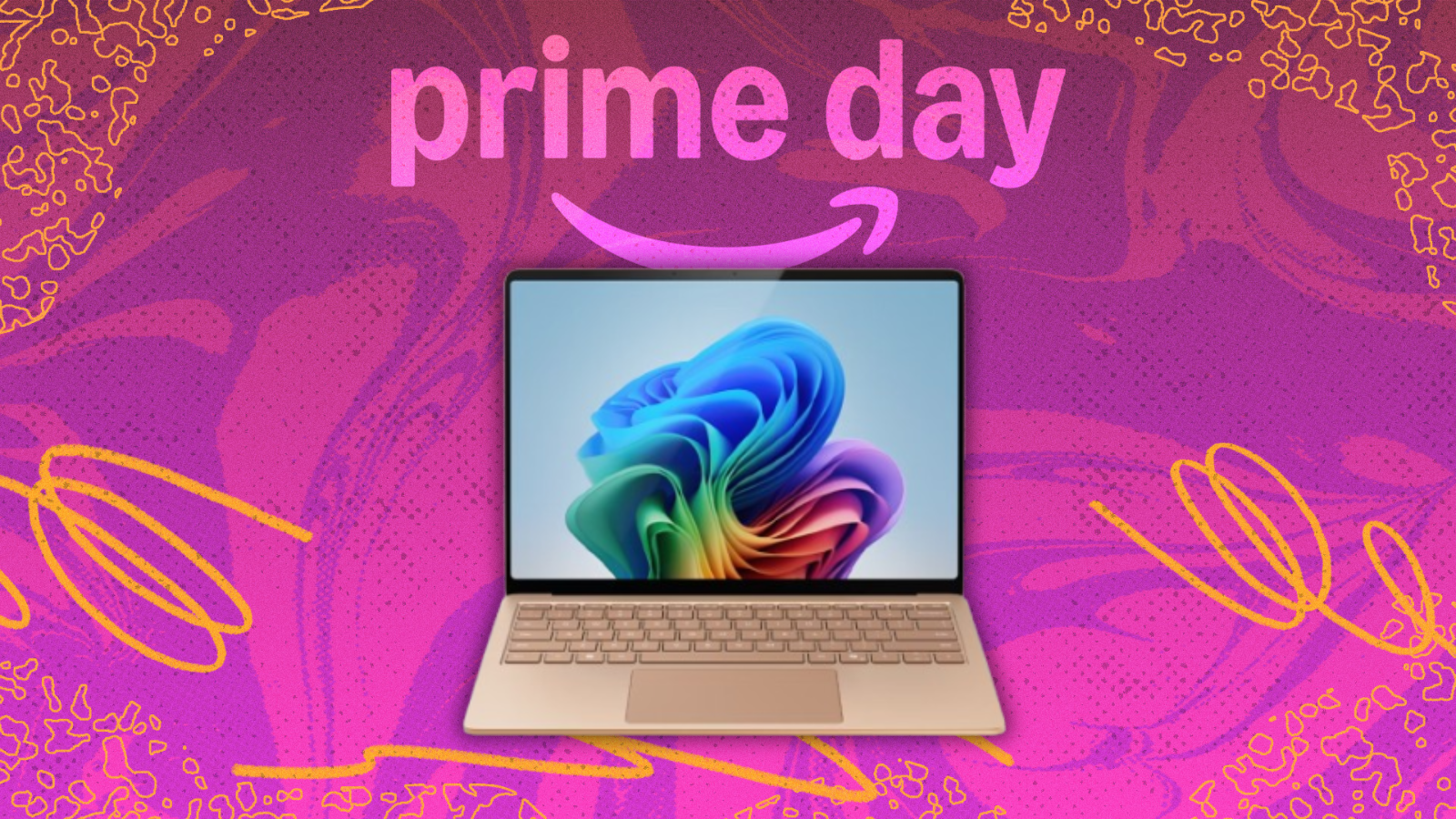 a microsoft surface laptop 7 against a pink background beneath a prime day logo