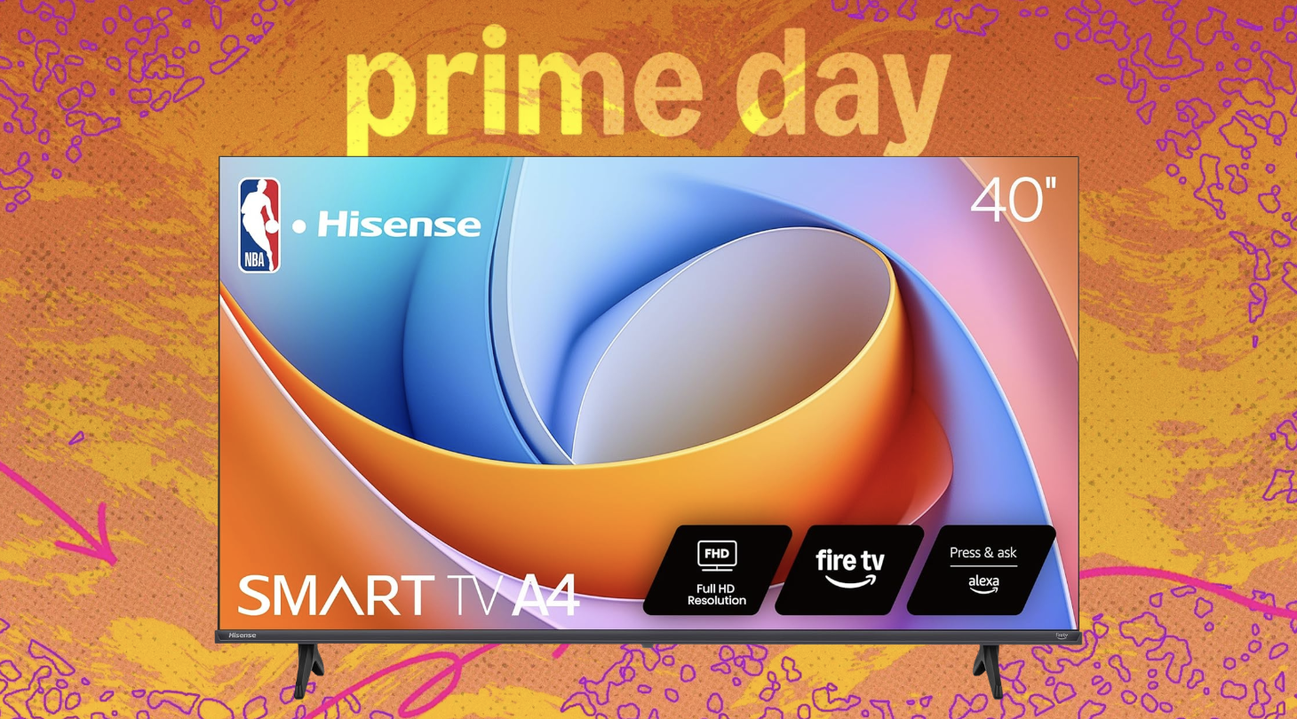 Hisense 40-inch A4 smart Tv on orange Prime Day background