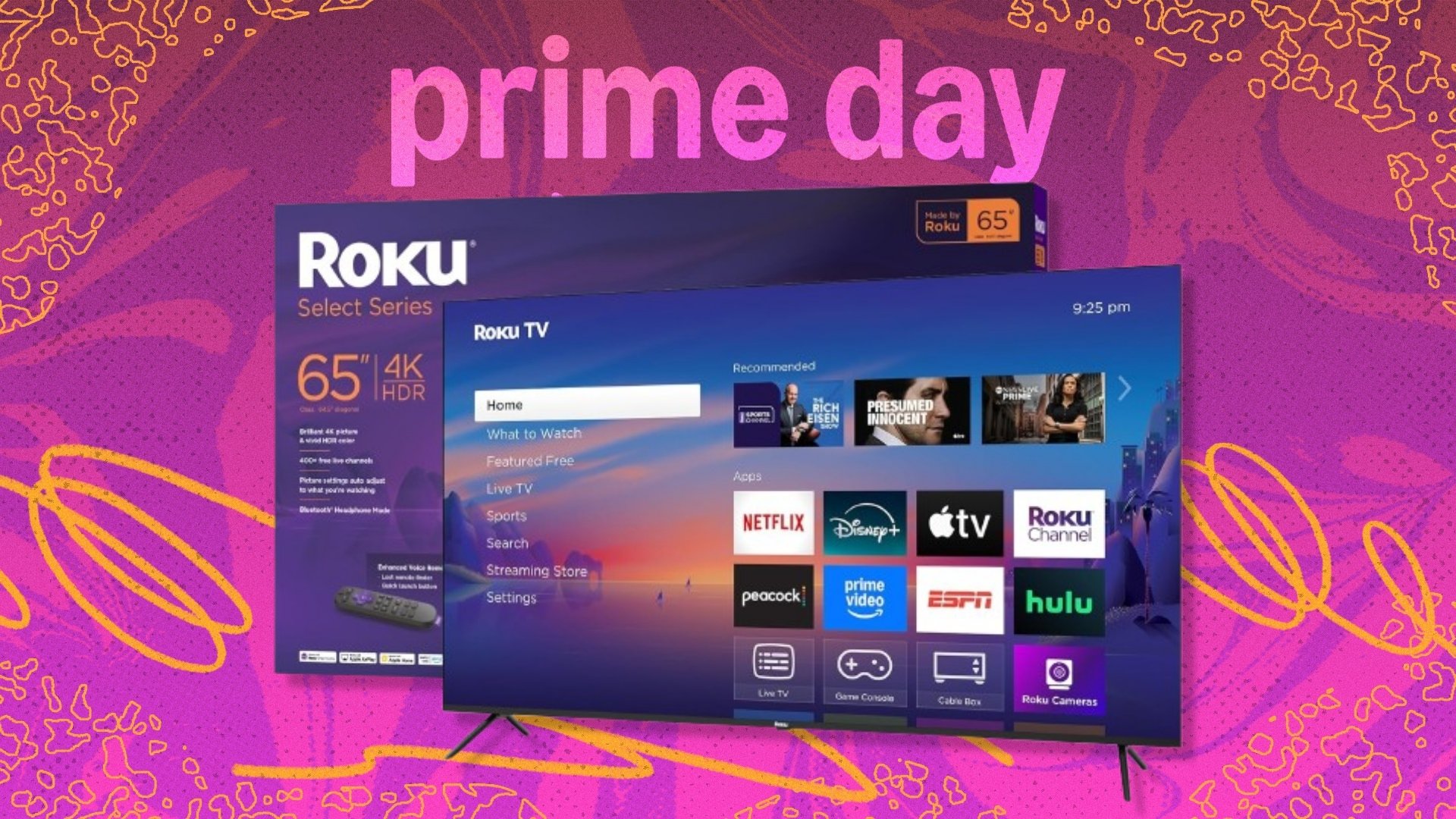 The 65-inch 4K Roku Smart TV on a pink background