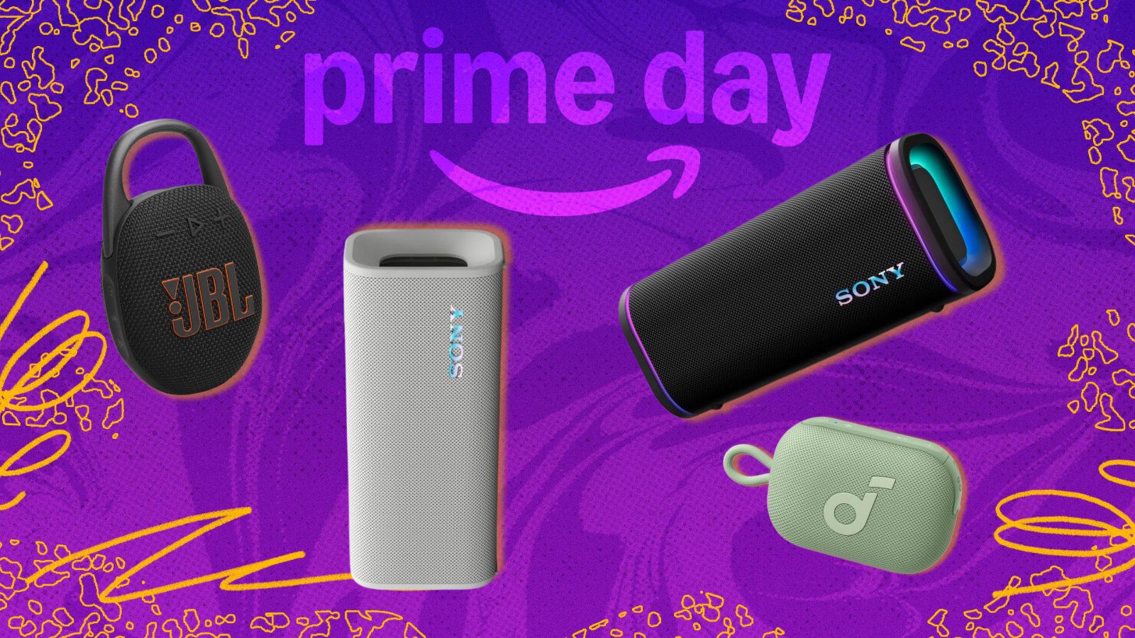 Sony ULT Field 3 and 5, JBL Clip 5, and Anker Soundcore Select Go speakers with purple prime day composite background