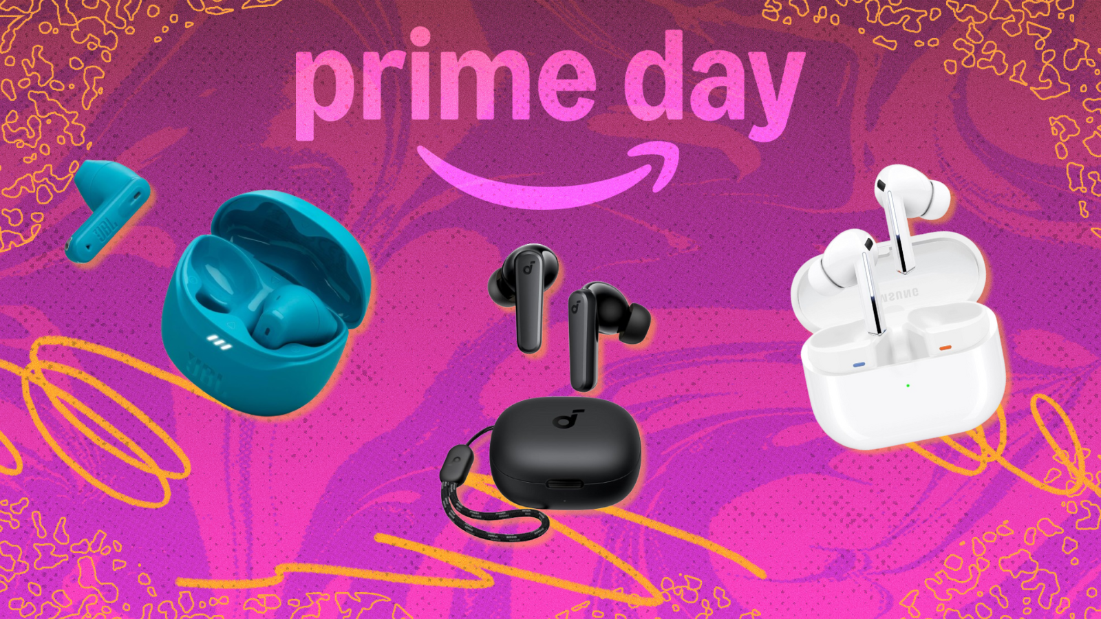 JBL Tune Flex 2 earbuds, Samsung Galaxy Buds 3 Pro, and Anker Soundcore P20i earbuds with pink prime day composite background
