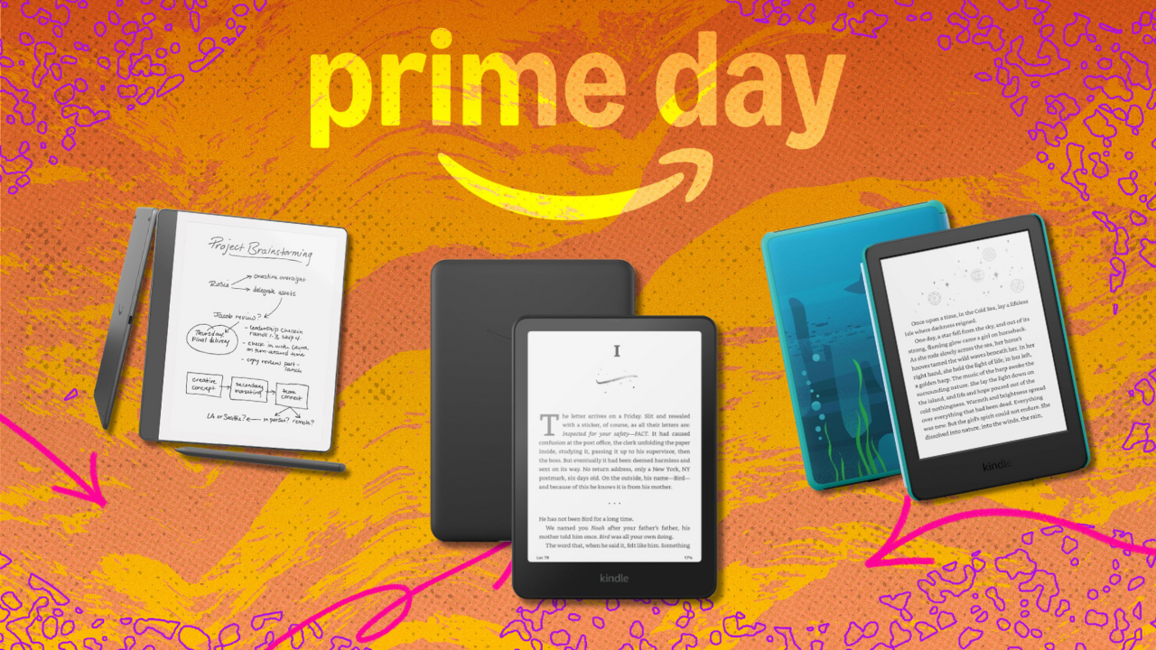 Amazon Kindle devices in front of an orange background