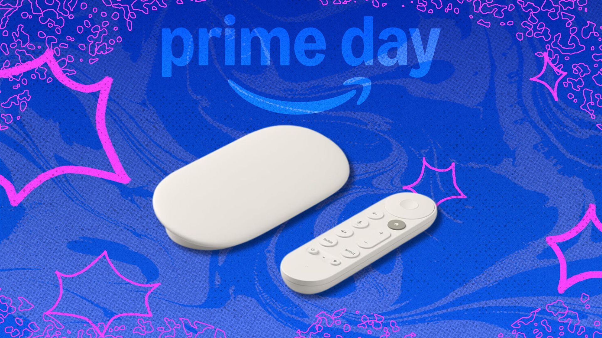 the Google TV Streamer 4K on a blue and neon pink Prime Day background