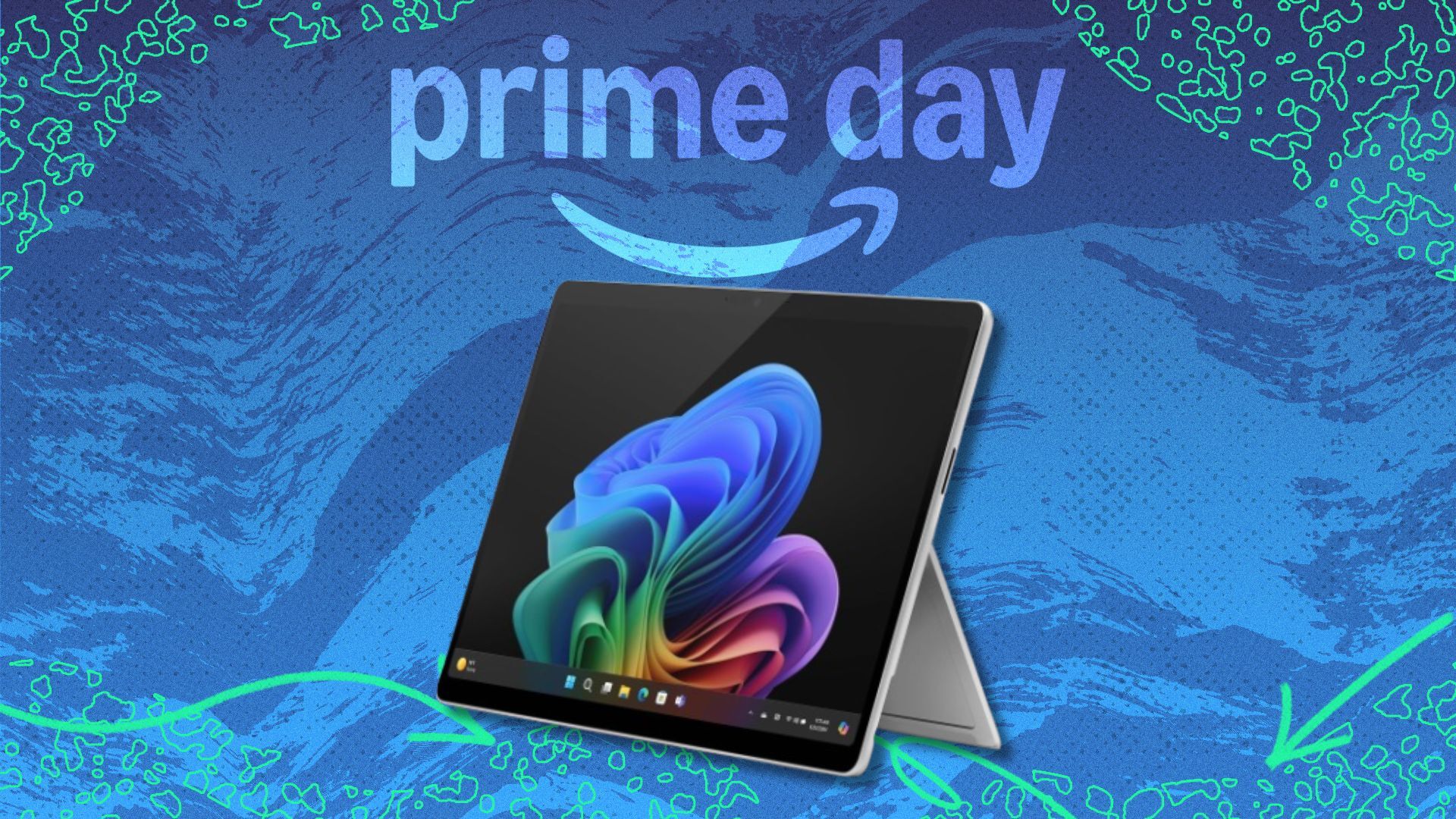 the Microsoft surface pro on a blue Prime Day background