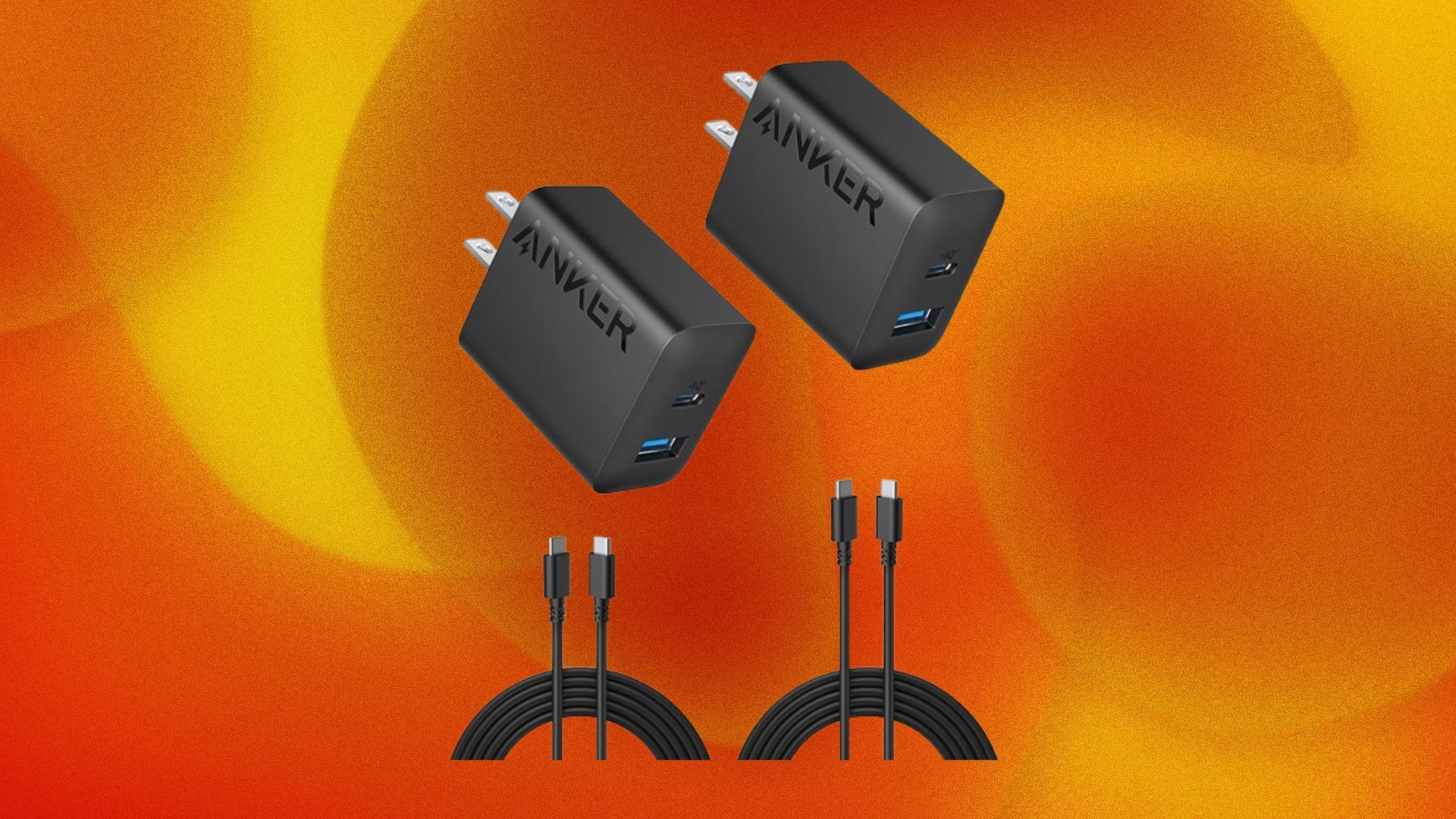 Two Anker chargers appear on an orange swirly background.