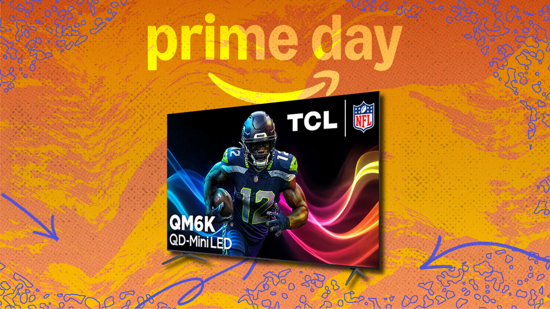 TCL TV arranged on swirly orange and purple Prime Day themed backdrop