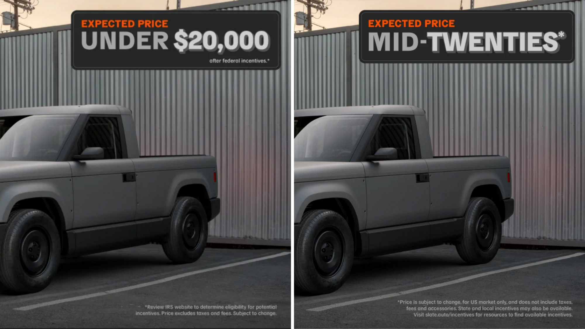 Two screenshots of the Slate website side by side. On the left is the website as of April 25, stating that the truck's expected price will be "under $20,000 after federal incentives." On the right is the website on July 3, stating the truck's expected price will be in the "mid-twenties."