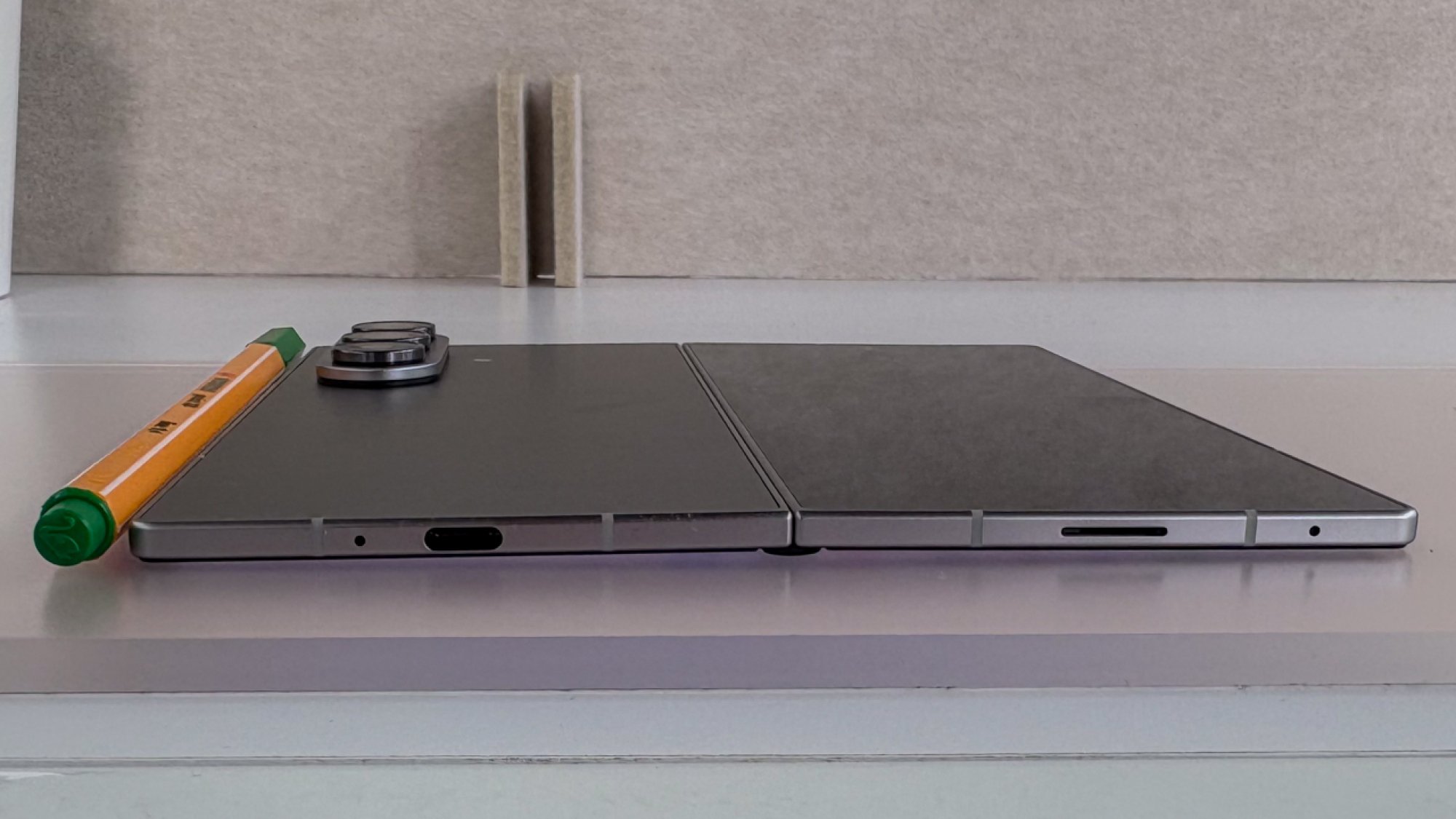 Samsung Galaxy Z Fold 7 thickness compared to no. 2 pencil